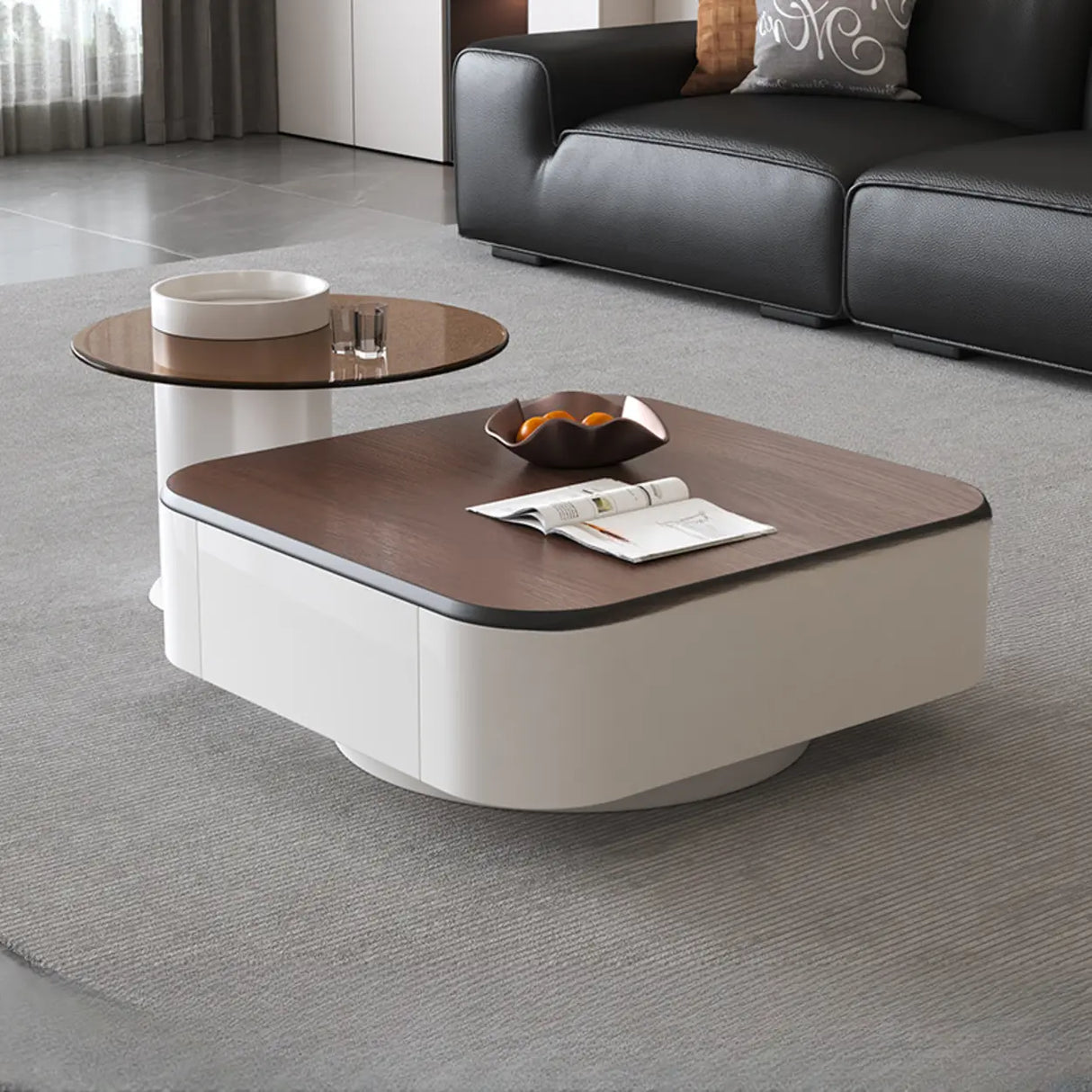 Brown Wood Top White Iron Base Square Nesting Tables Image - 2