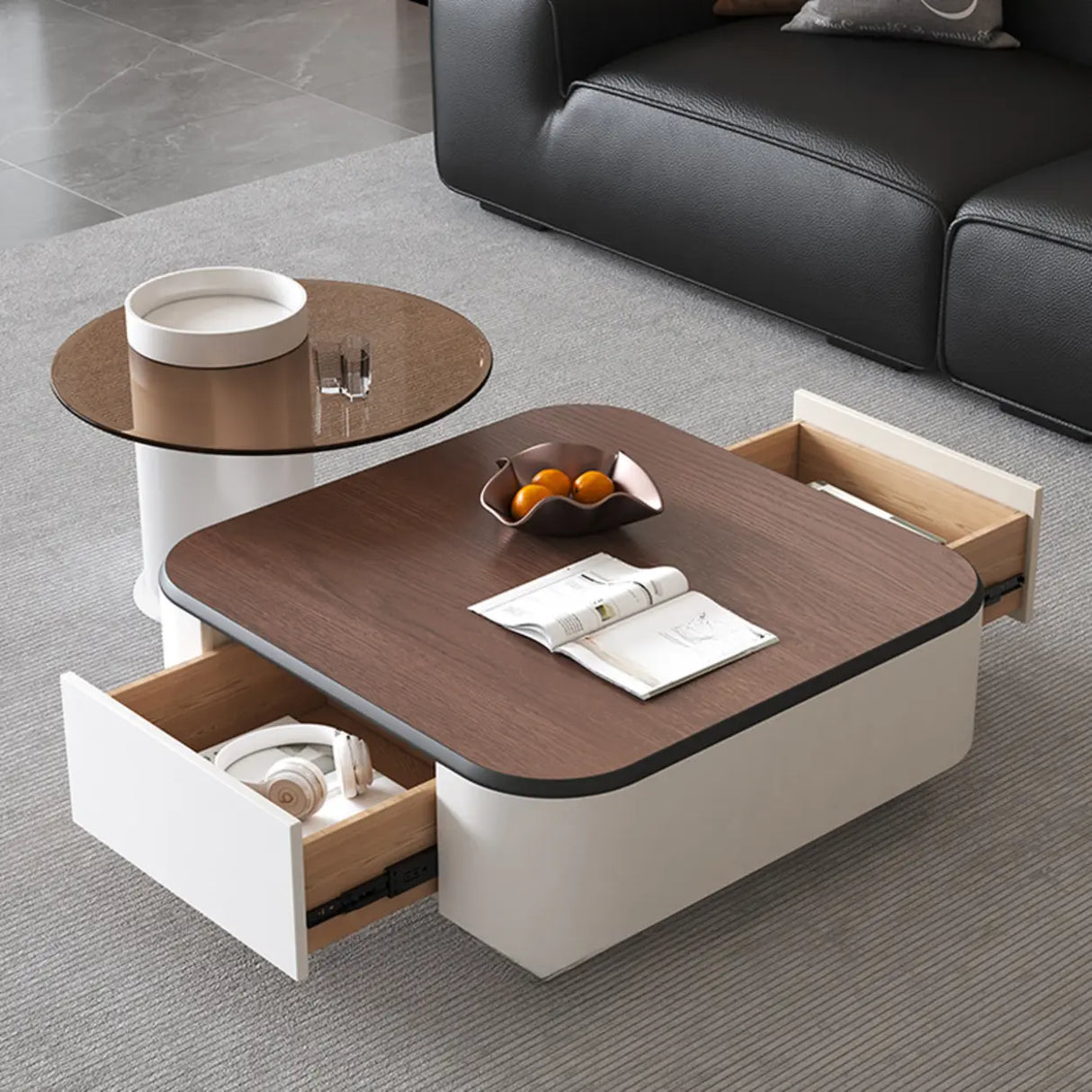 Brown Wood Top White Iron Base Square Nesting Tables Image - 5