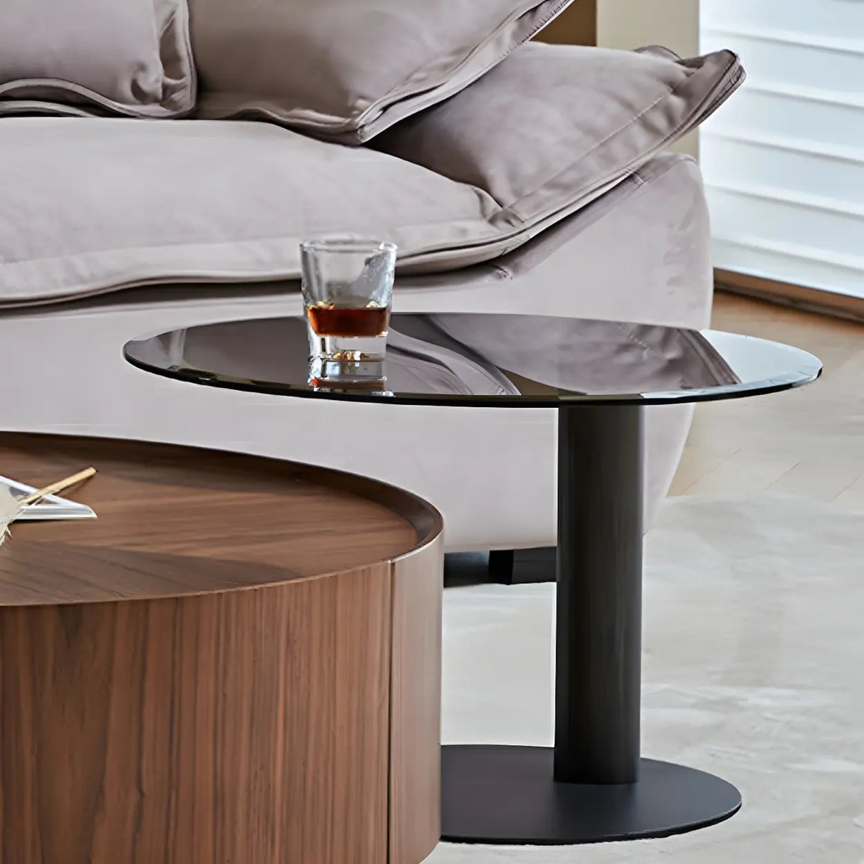 Brown Wood Tray Top Round Coffee Table with Drawers Image - 10