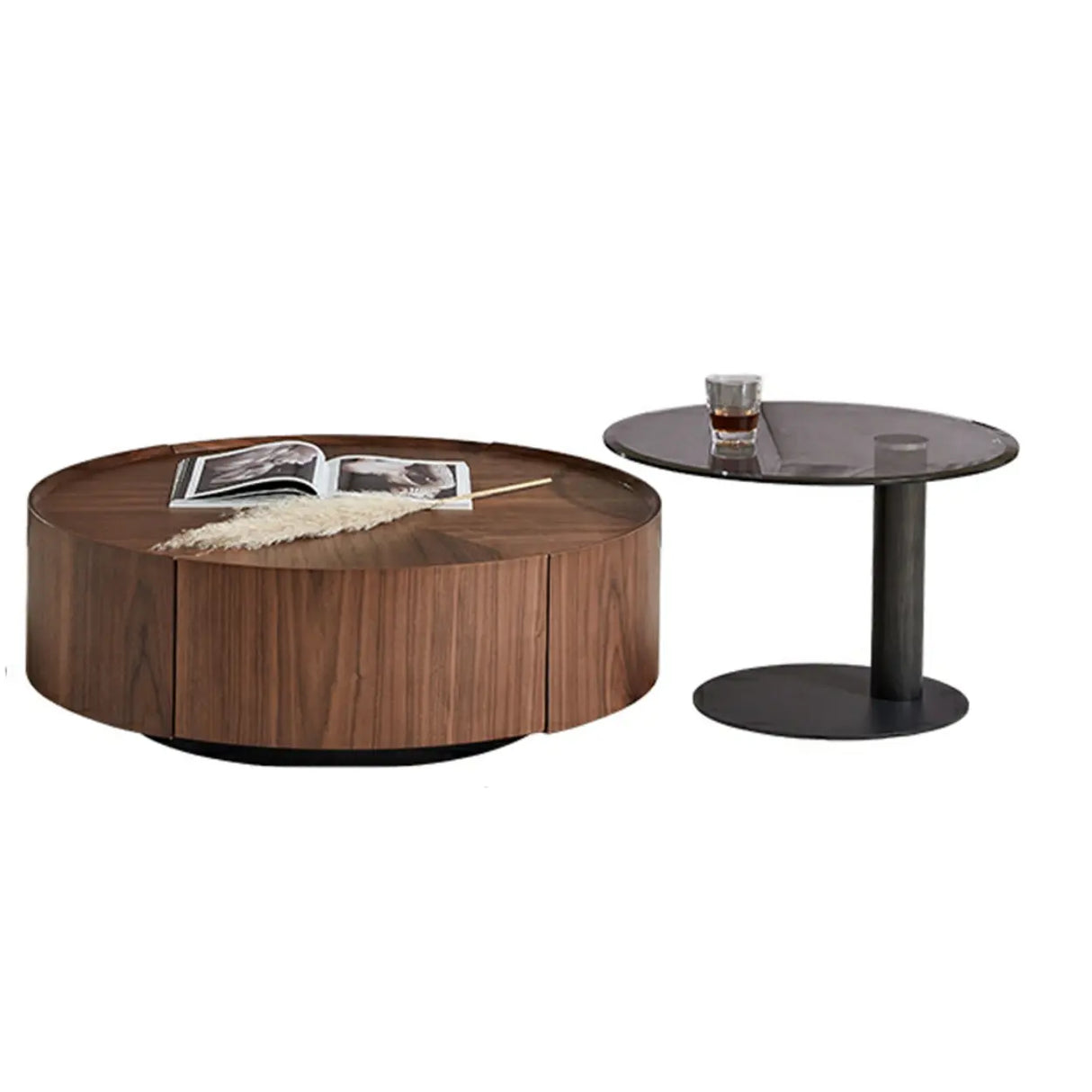 Brown Wood Tray Top Round Coffee Table with Drawers Image - 11