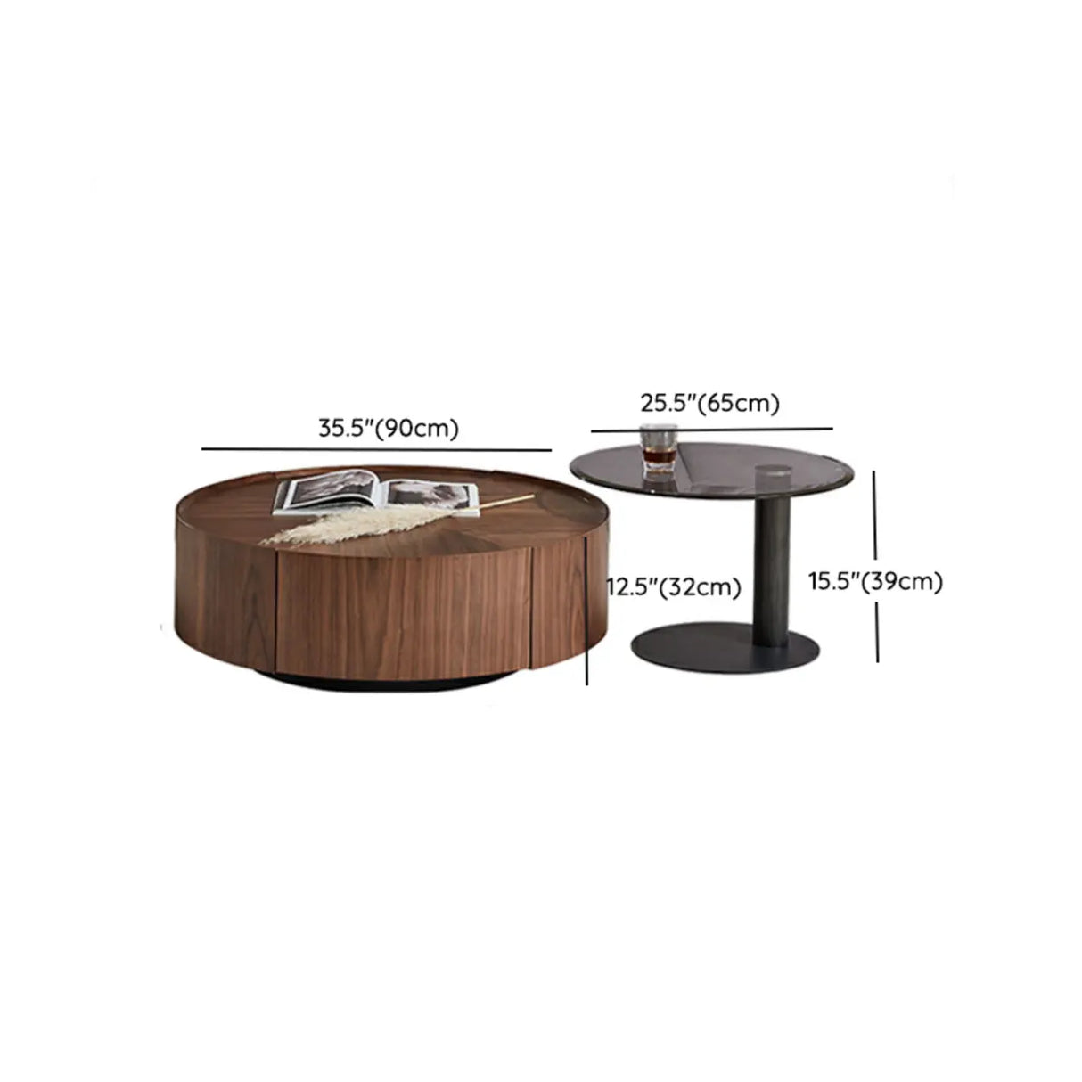 Brown Wood Tray Top Round Coffee Table with Drawers Image - 16
