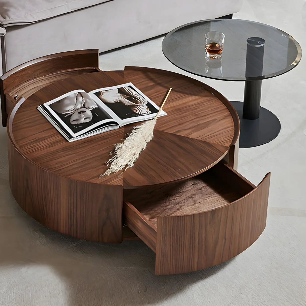 Brown Wood Tray Top Round Coffee Table with Drawers Image - 3