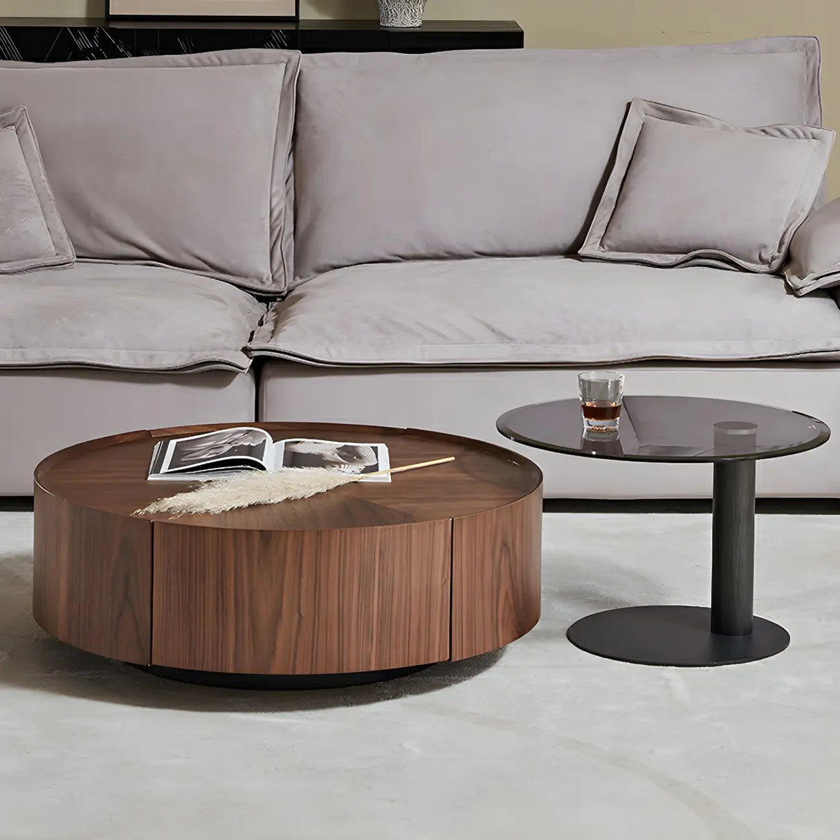 Brown Wood Tray Top Round Coffee Table with Drawers Image - 4