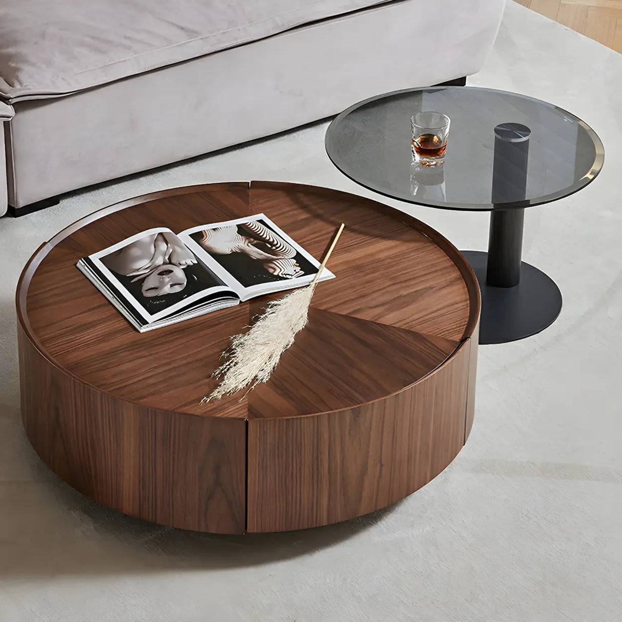 Brown Wood Tray Top Round Coffee Table with Drawers Image - 5