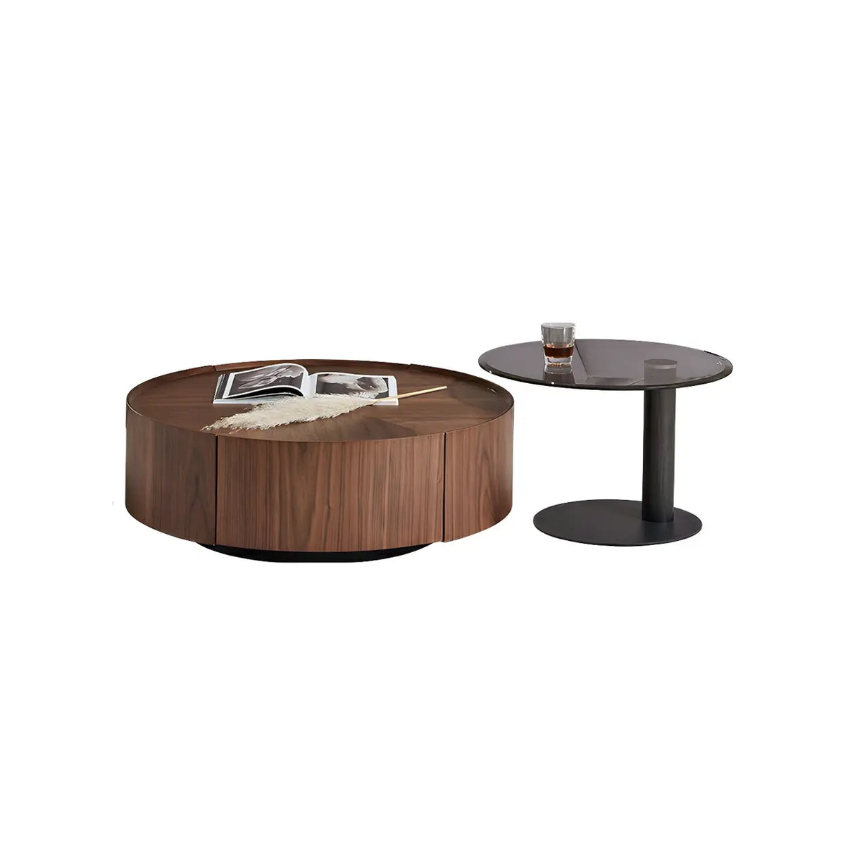 Brown Wood Tray Top Round Coffee Table with Drawers Image - 6