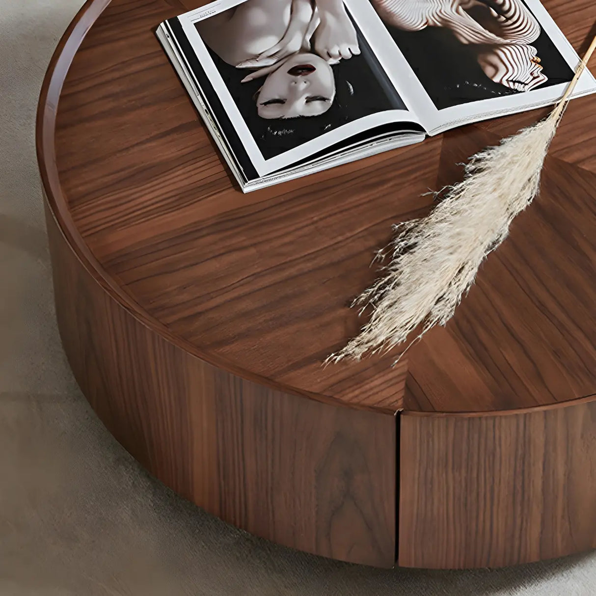 Brown Wood Tray Top Round Coffee Table with Drawers Image - 7