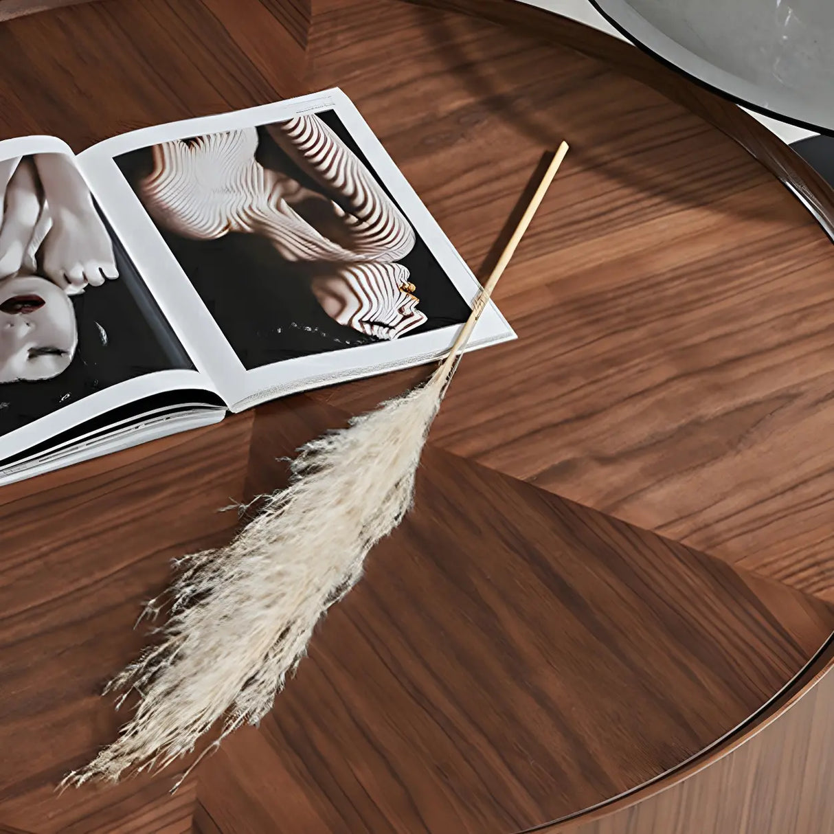 Brown Wood Tray Top Round Coffee Table with Drawers Image - 8