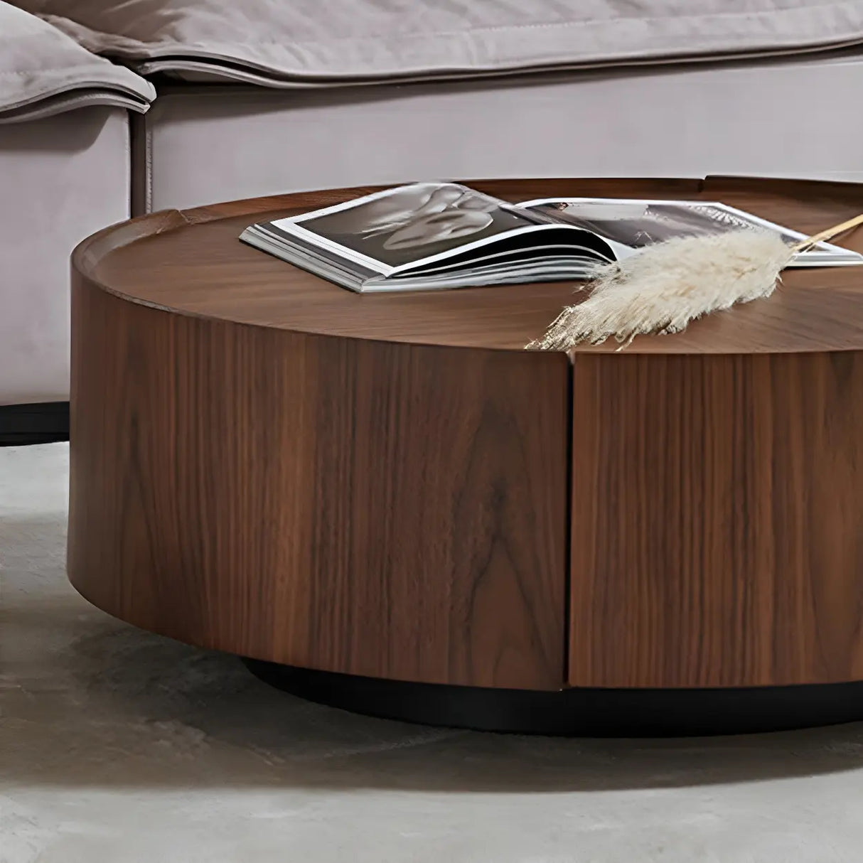 Brown Wood Tray Top Round Coffee Table with Drawers Image - 9