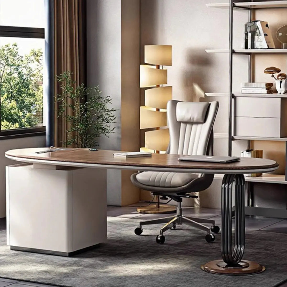 Brown Wooden Curved Reception Desk with Drawers Image - 3