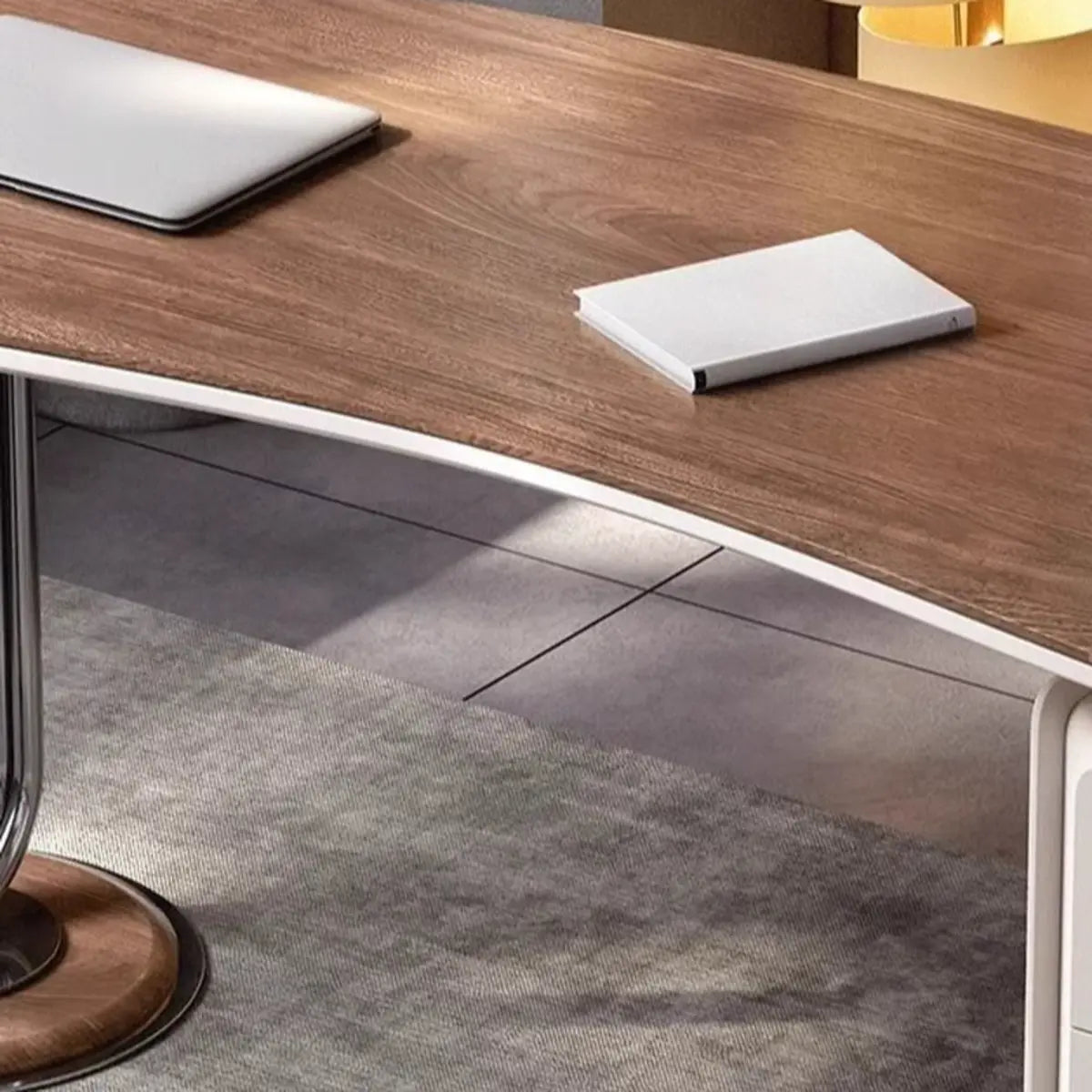 Brown Wooden Curved Reception Desk with Drawers Image - 4