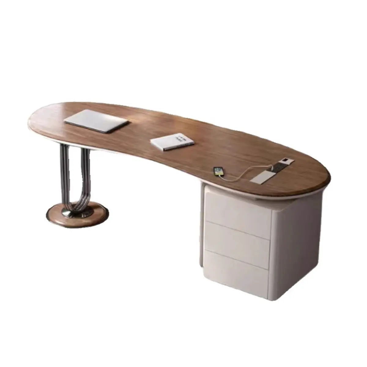 Brown Wooden Curved Reception Desk with Drawers Image - 5