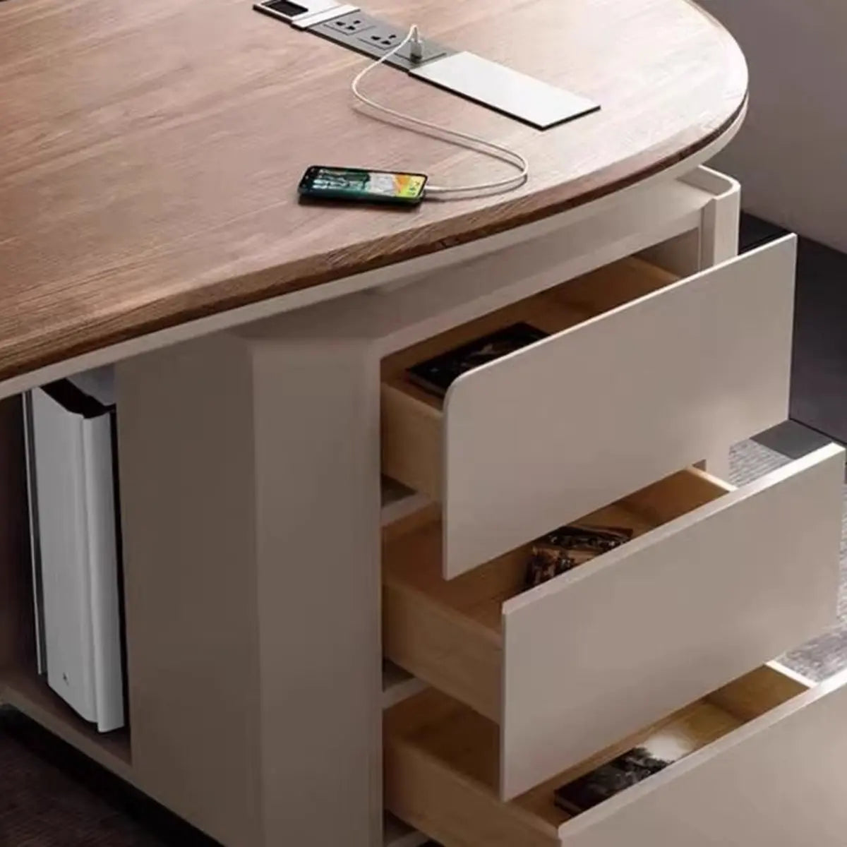 Brown Wooden Curved Reception Desk with Drawers Image - 6