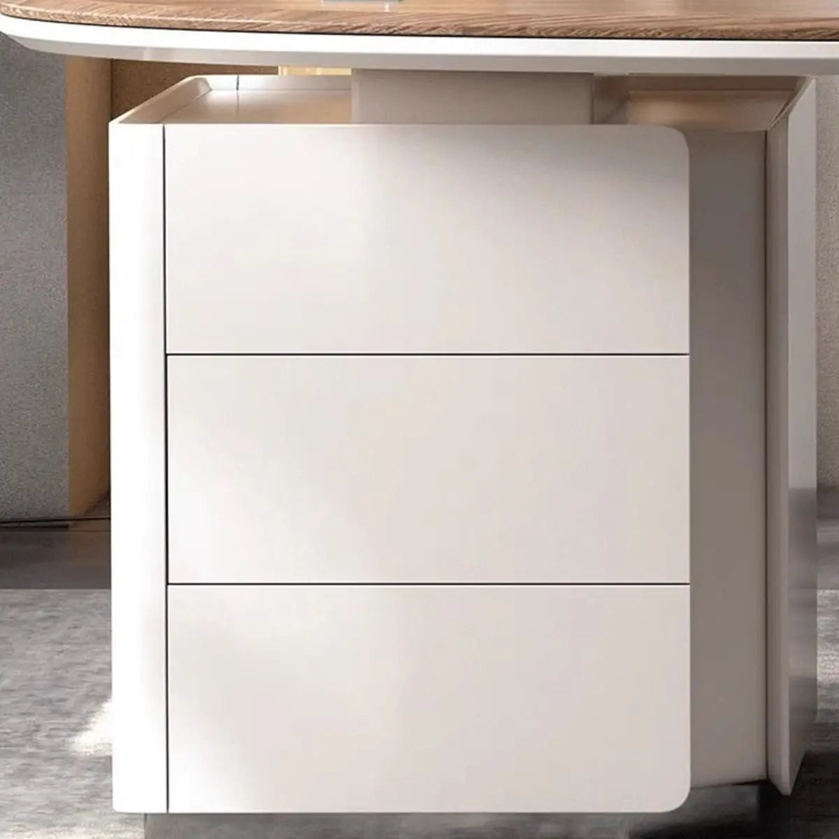 Brown Wooden Curved Reception Desk with Drawers Image - 8