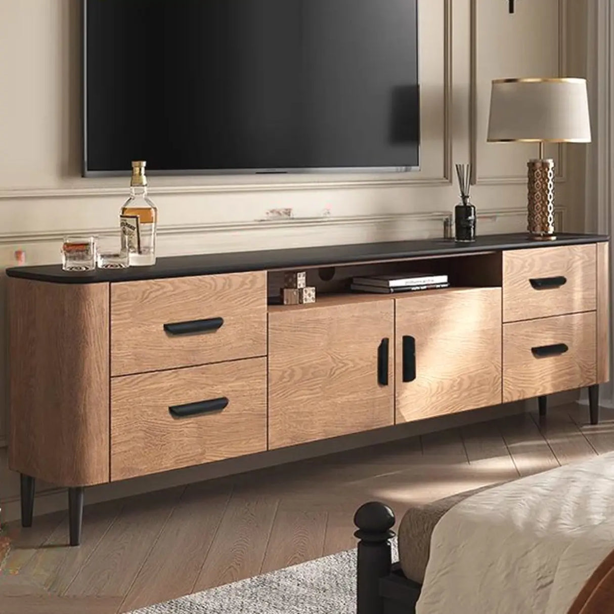Brown Wooden Drawers Cabinet Rectangular TV Stand Image - 3