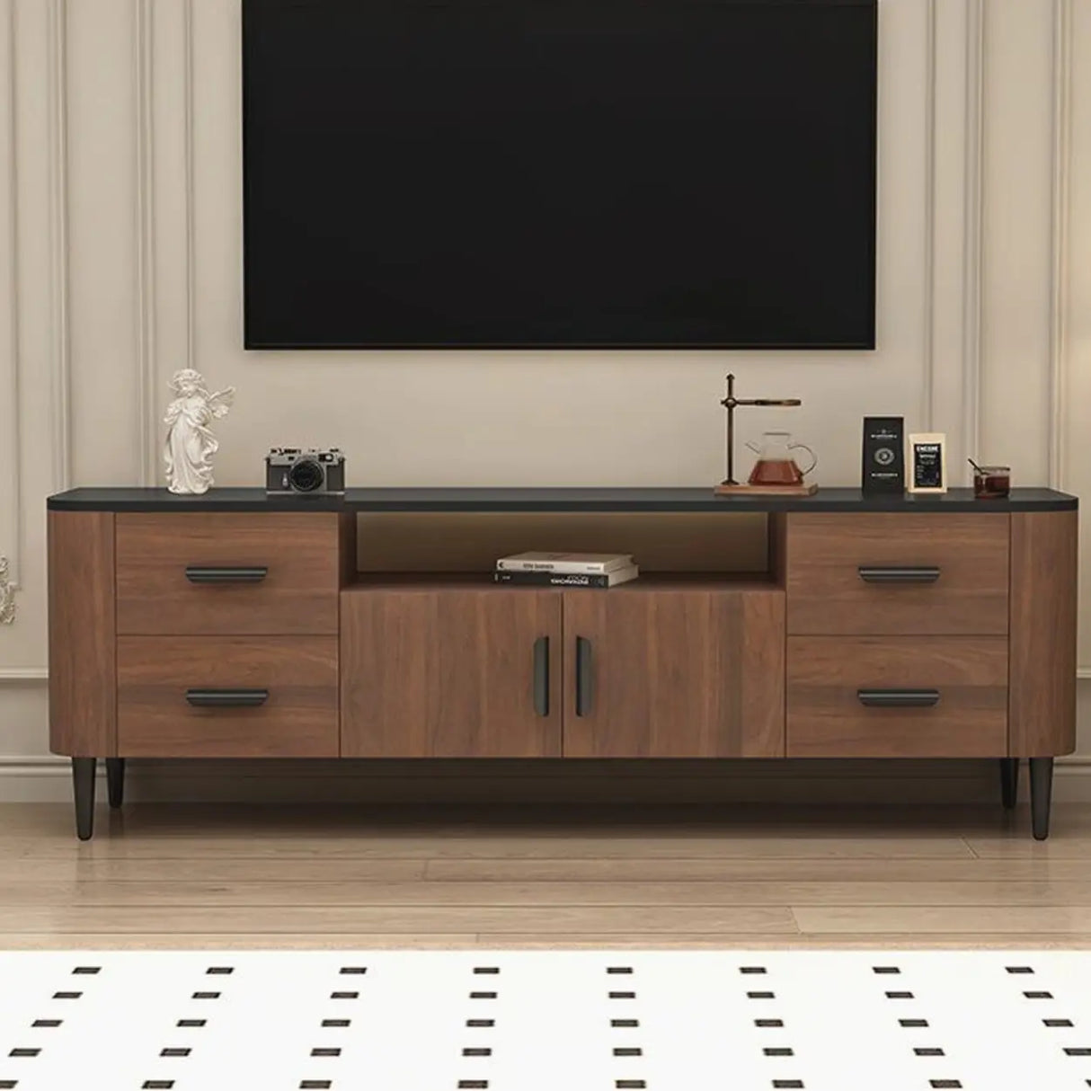 Brown Wooden Drawers Cabinet Rectangular TV Stand Image - 4