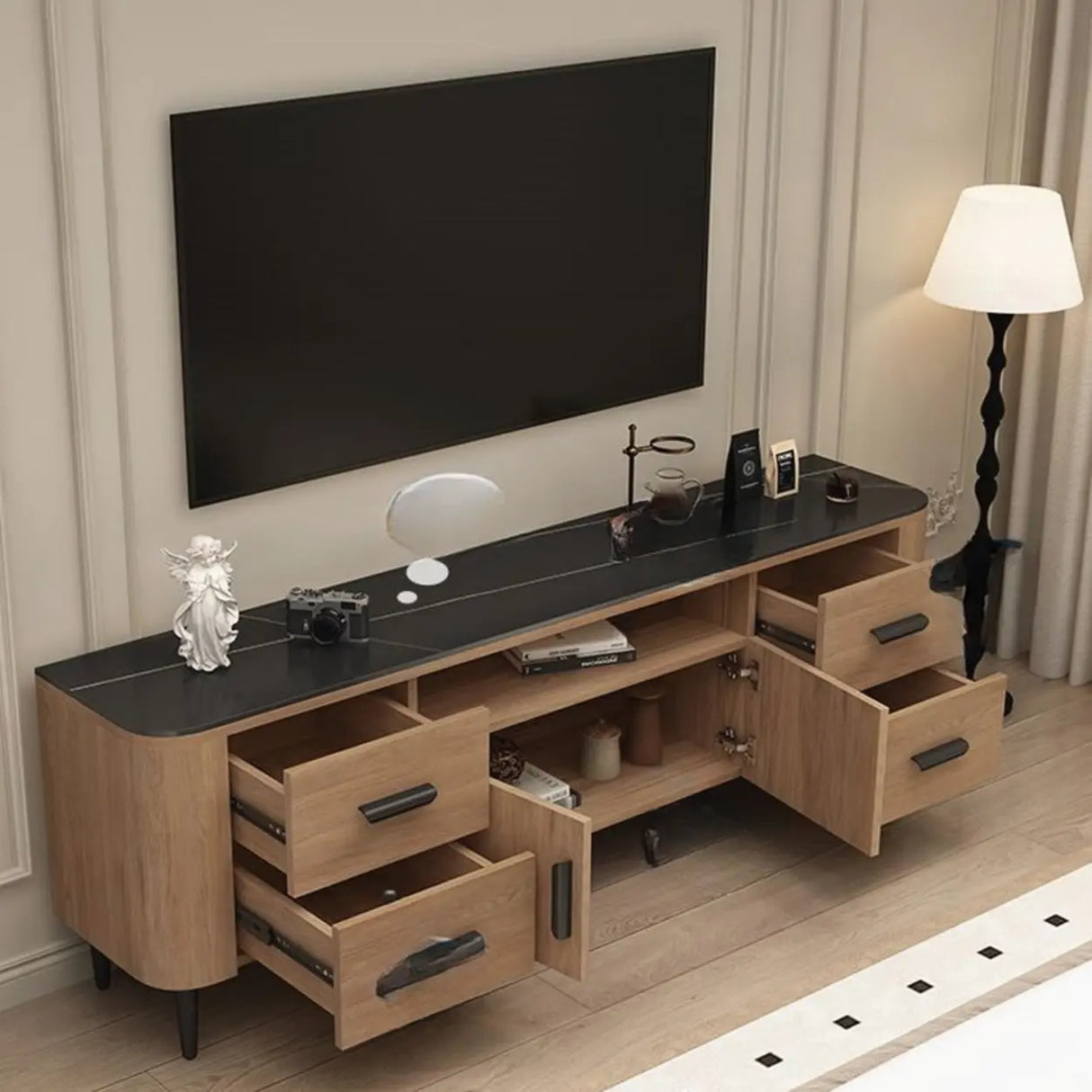Brown Wooden Drawers Cabinet Rectangular TV Stand Image - 5