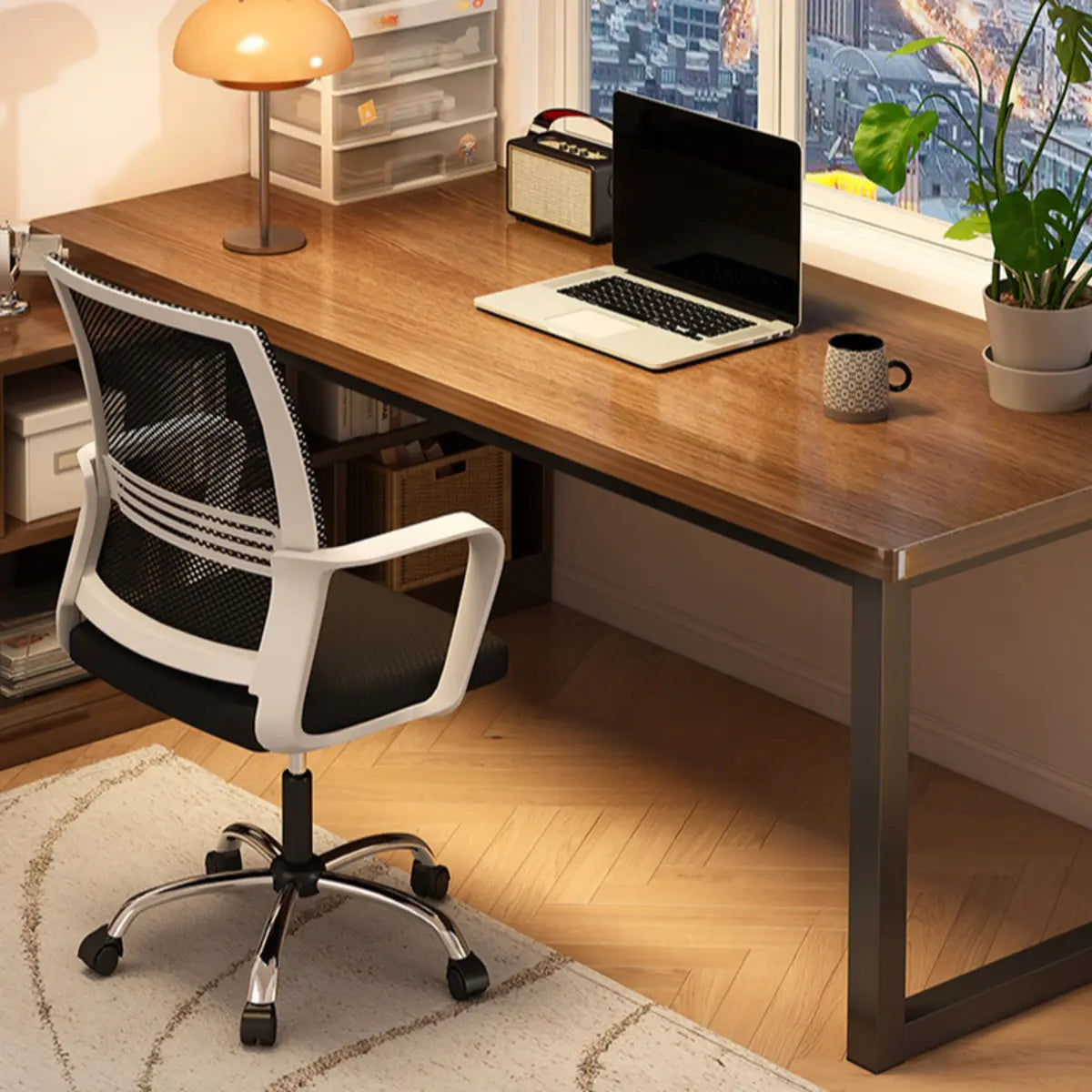 Brown Wooden Exterior Shelf L-Shaped Writing Desk Image - 10