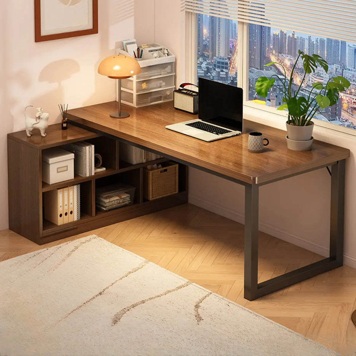 Brown Wooden Exterior Shelf L-Shaped Writing Desk Image - 3