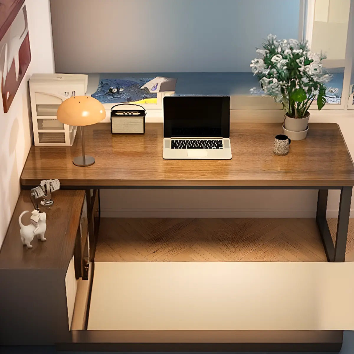 Brown Wooden Exterior Shelf L-Shaped Writing Desk Image - 4