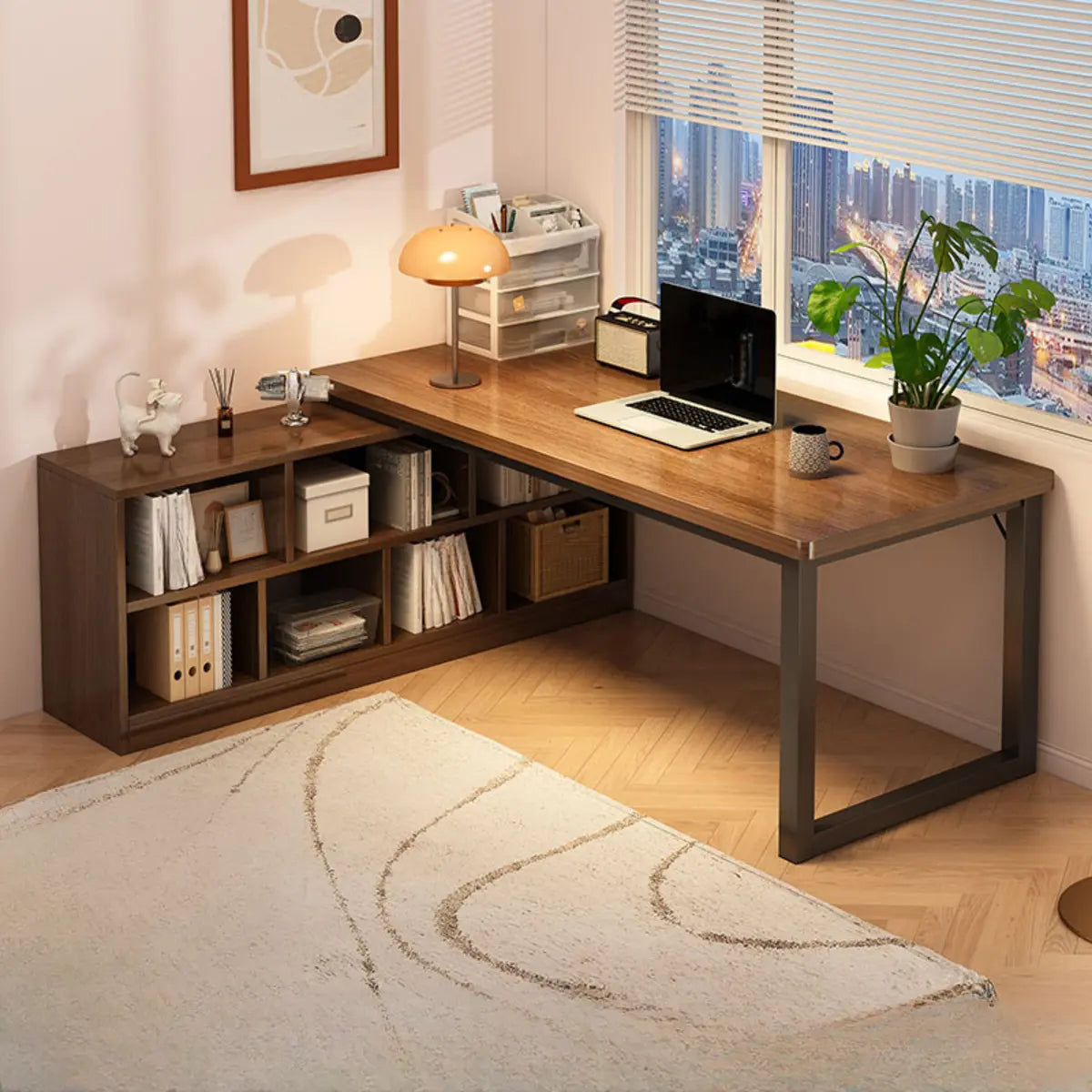 Brown Wooden Exterior Shelf L-Shaped Writing Desk Image - 5