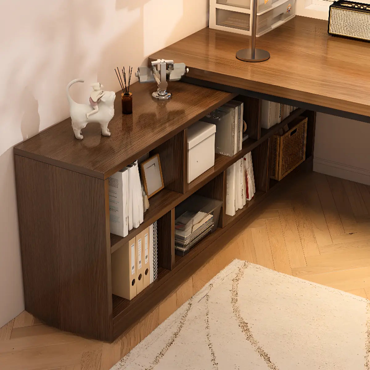 Brown Wooden Exterior Shelf L-Shaped Writing Desk Image - 6
