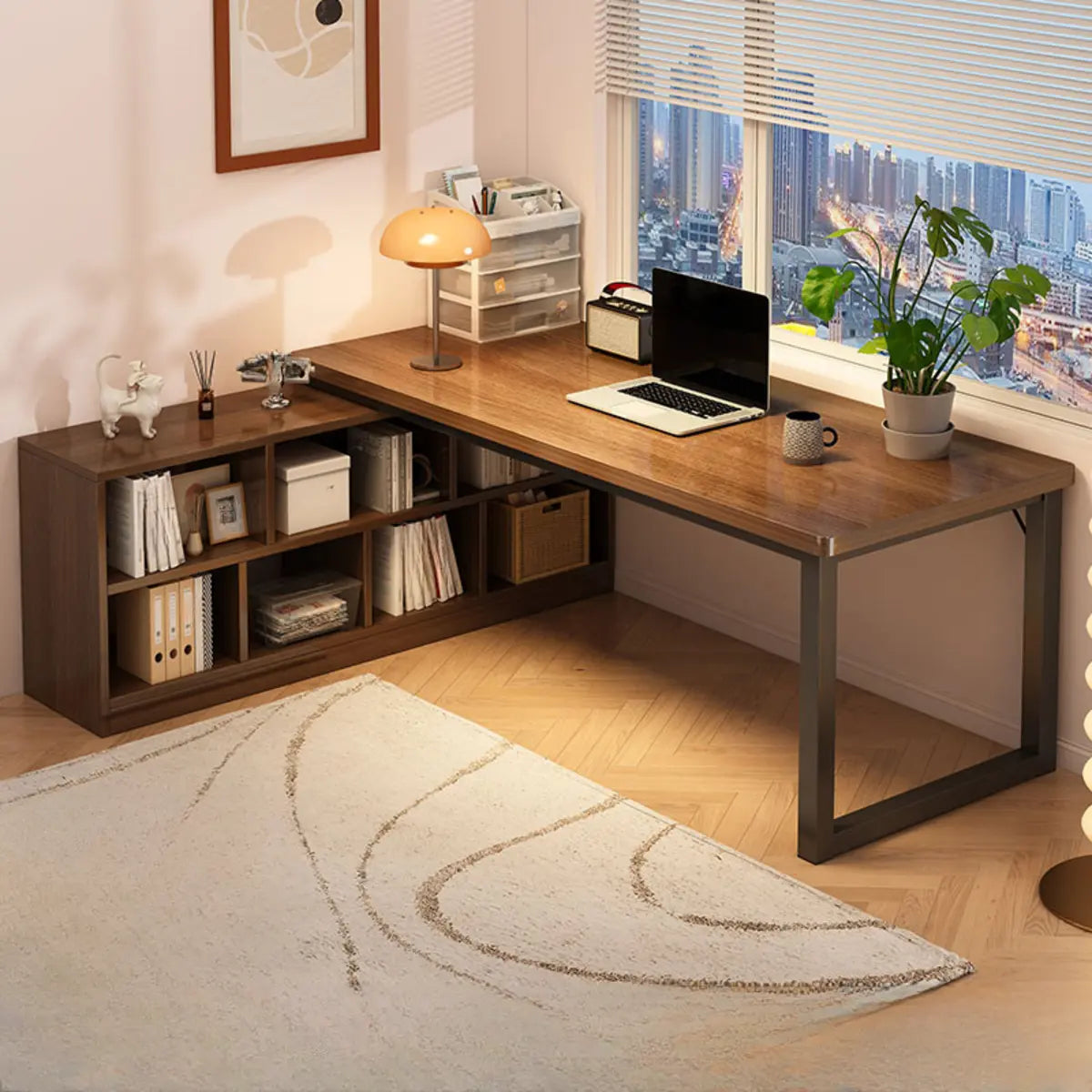 Brown Wooden Exterior Shelf L-Shaped Writing Desk Image - 7