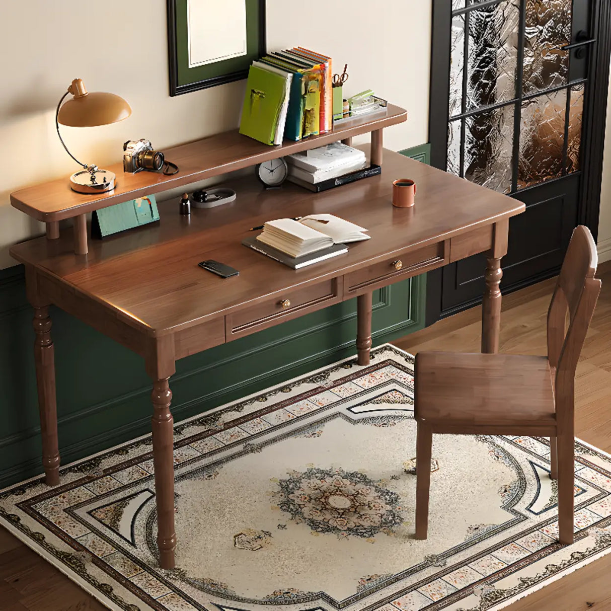 Brown Wooden Hutch Drawers Rectangle Writing Desk Image - 1