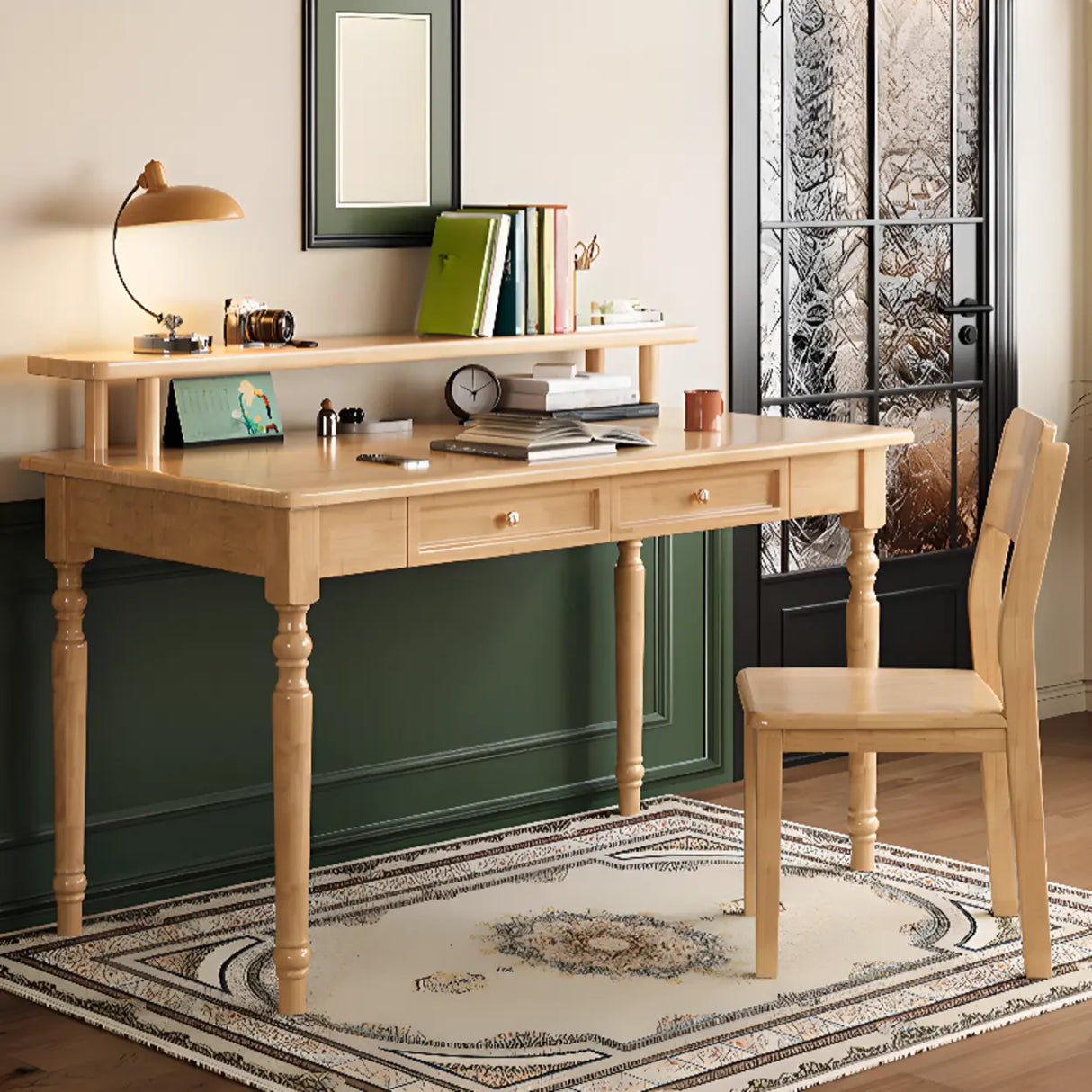 Brown Wooden Hutch Drawers Rectangle Writing Desk Image - 4