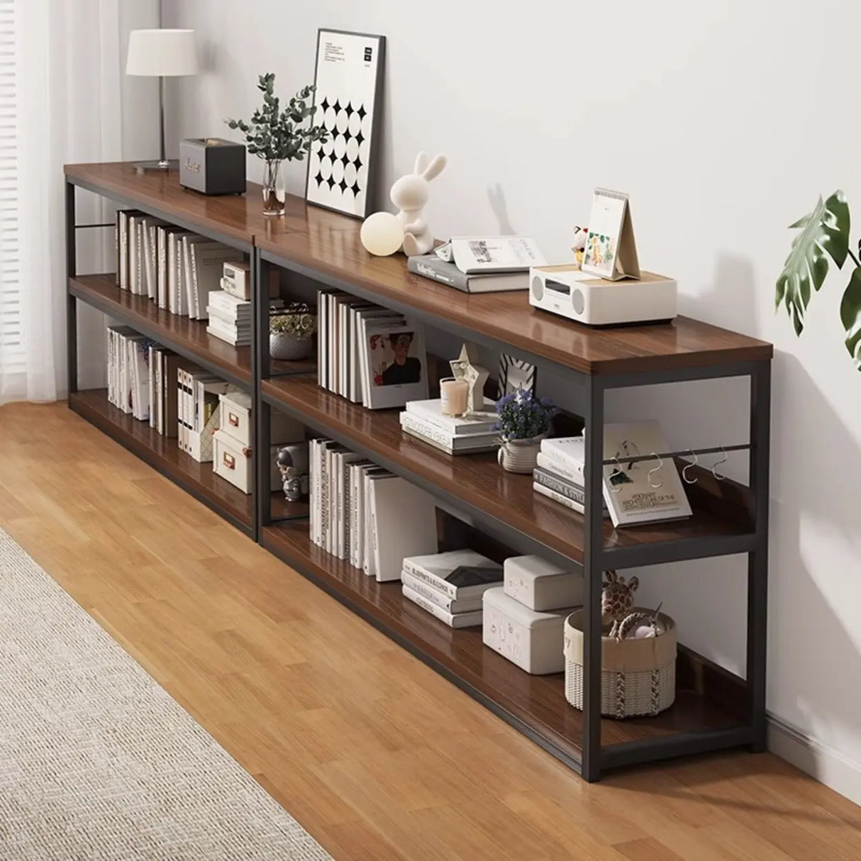 Brown Wooden Rectangle Open Metal Frame Wide Bookcase Image - 1