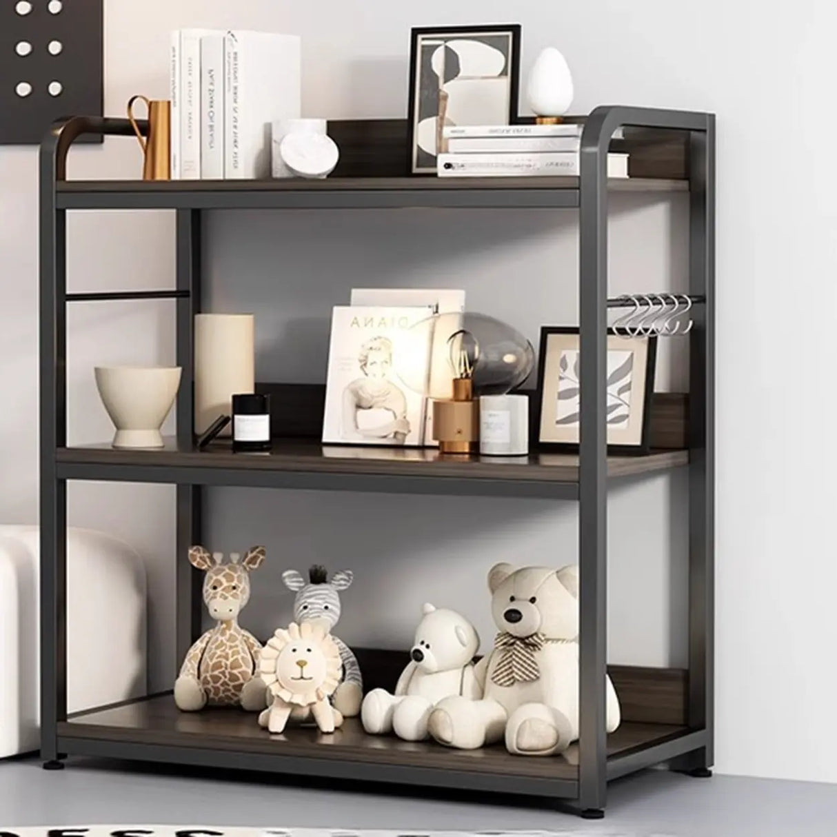 Brown Wooden Rectangle Open Metal Frame Wide Bookcase Image - 10