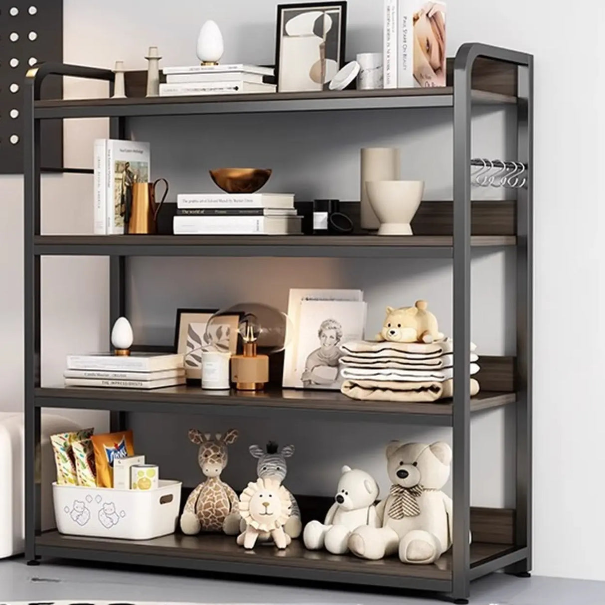 Brown Wooden Rectangle Open Metal Frame Wide Bookcase Image - 11