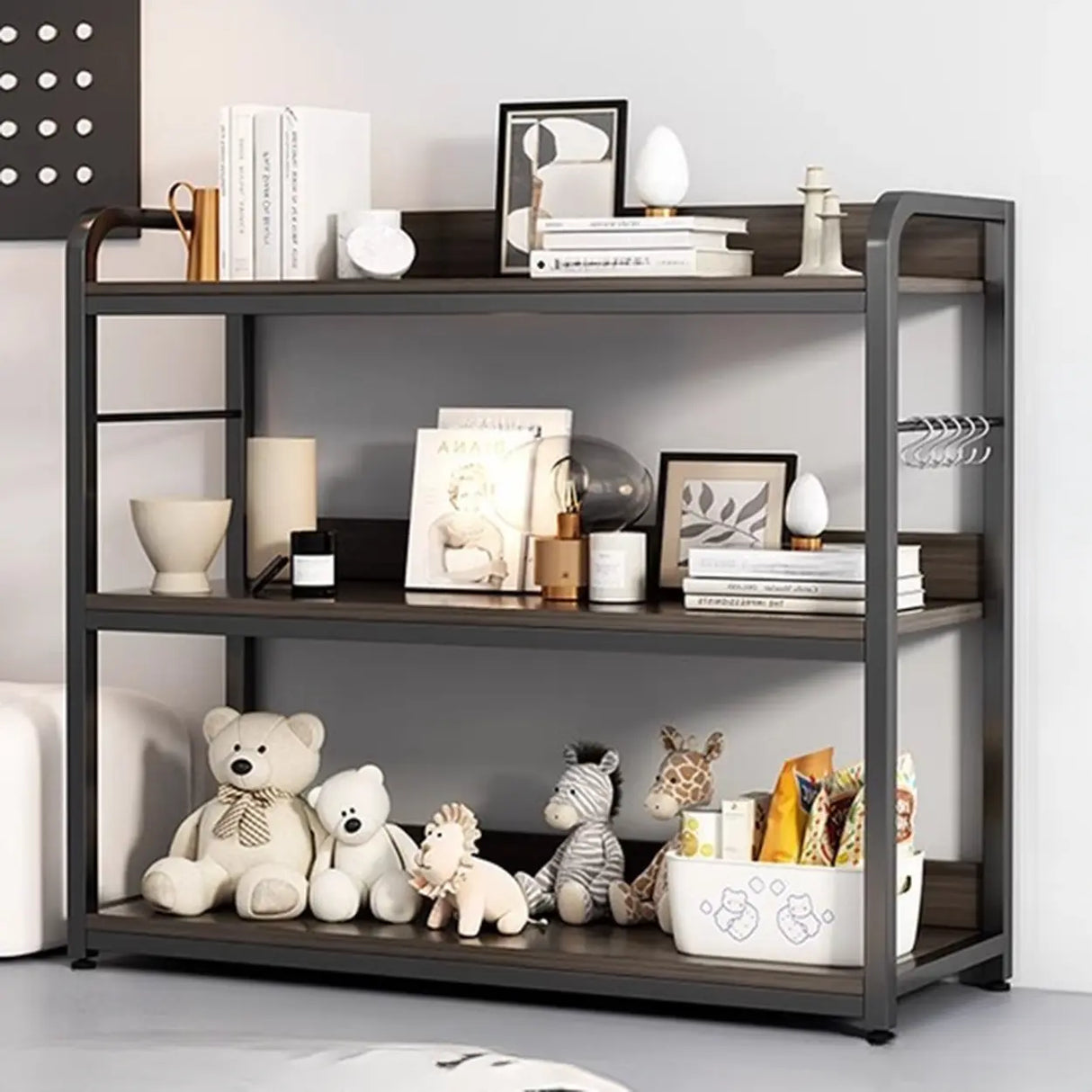 Brown Wooden Rectangle Open Metal Frame Wide Bookcase Image - 12