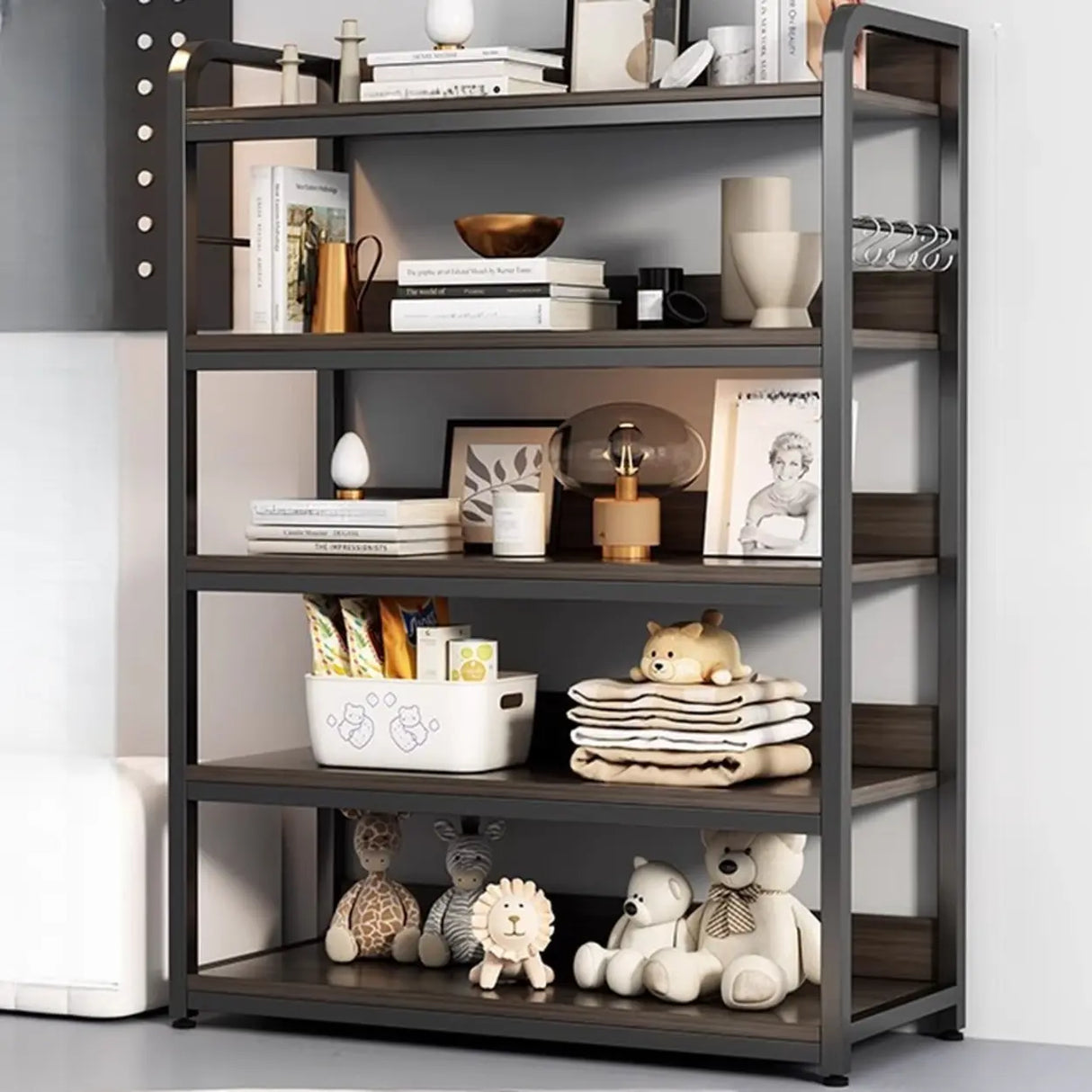 Brown Wooden Rectangle Open Metal Frame Wide Bookcase Image - 13