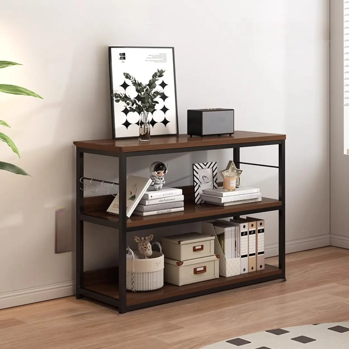 Brown Wooden Rectangle Open Metal Frame Wide Bookcase Image - 14