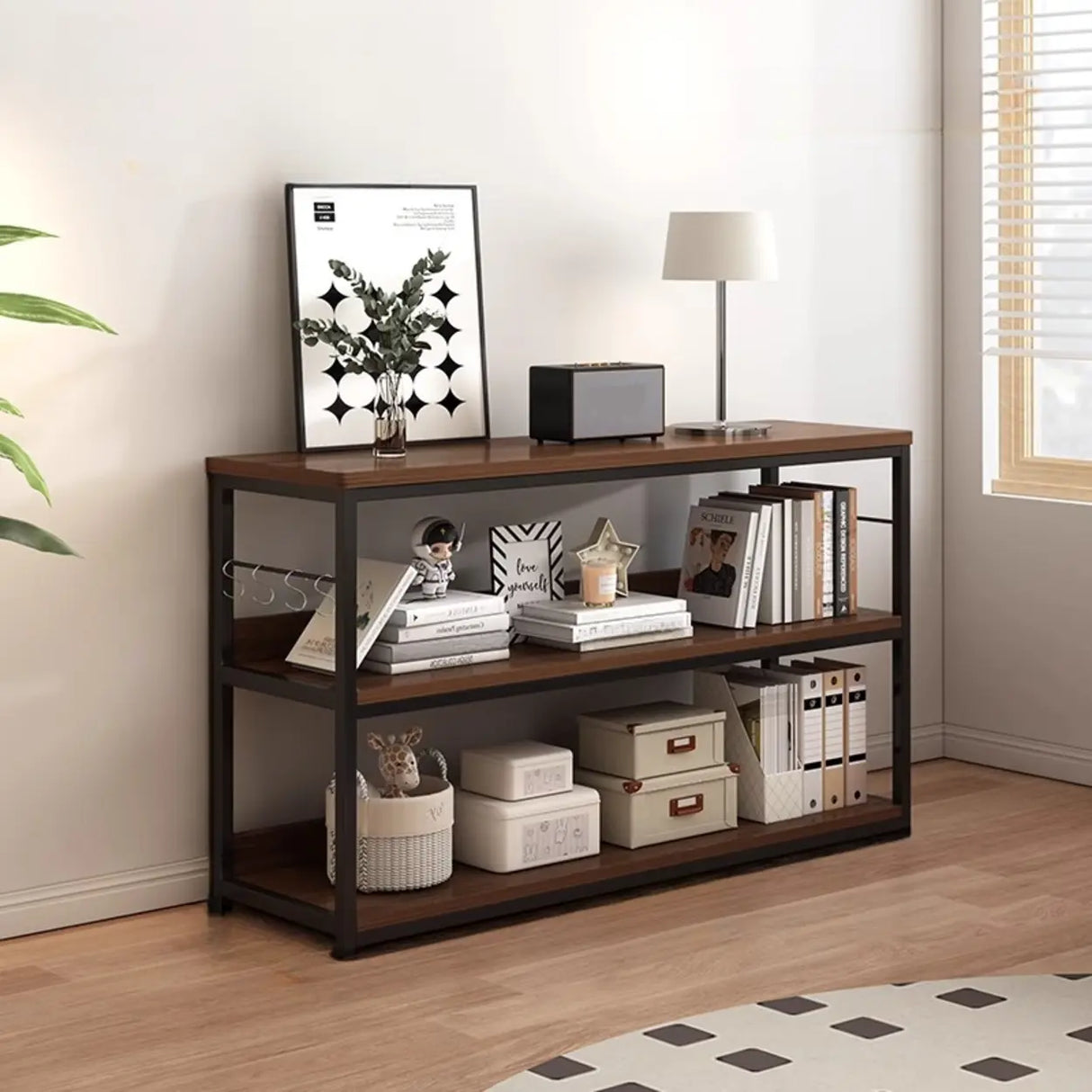 Brown Wooden Rectangle Open Metal Frame Wide Bookcase Image - 15
