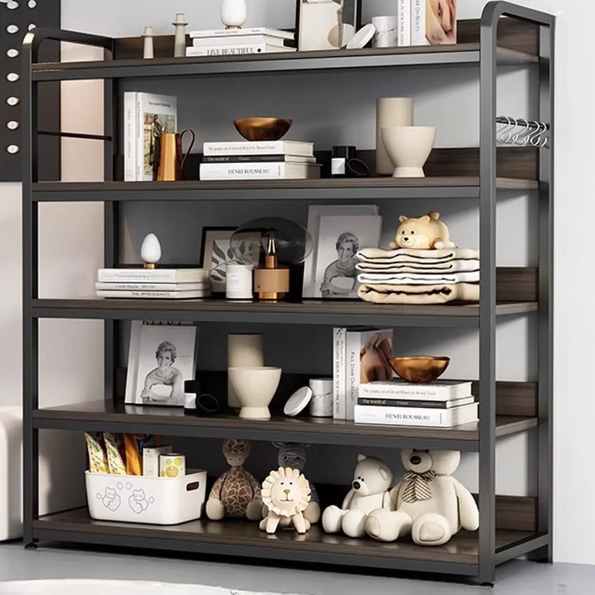 Brown Wooden Rectangle Open Metal Frame Wide Bookcase Image - 16