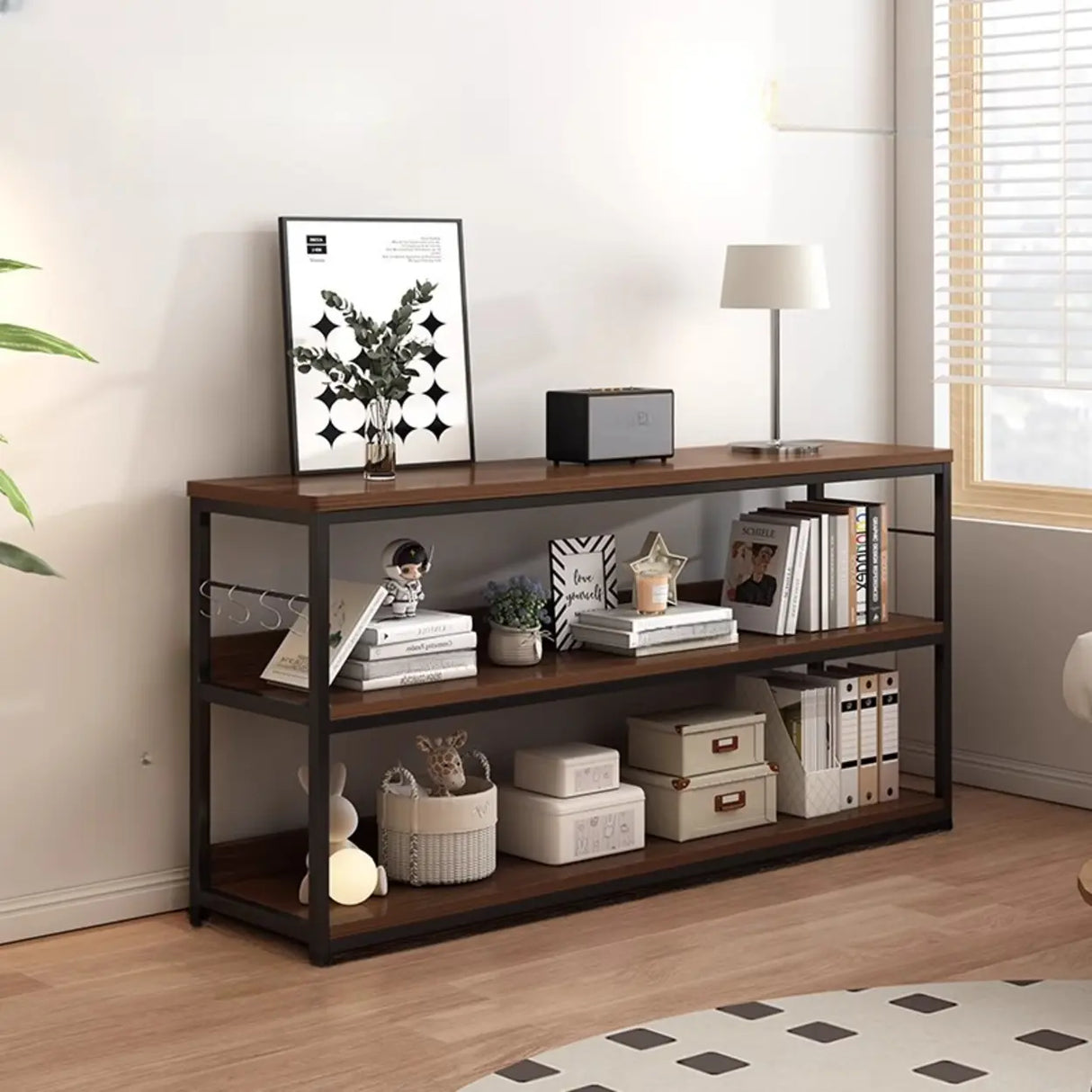 Brown Wooden Rectangle Open Metal Frame Wide Bookcase Image - 17