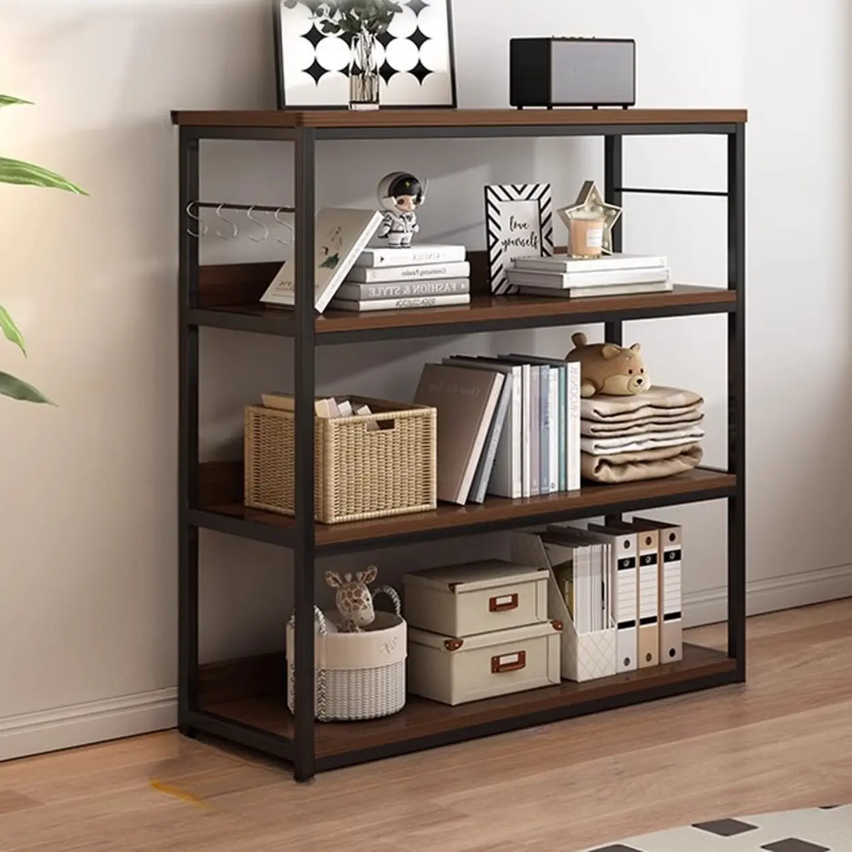 Brown Wooden Rectangle Open Metal Frame Wide Bookcase Image - 18