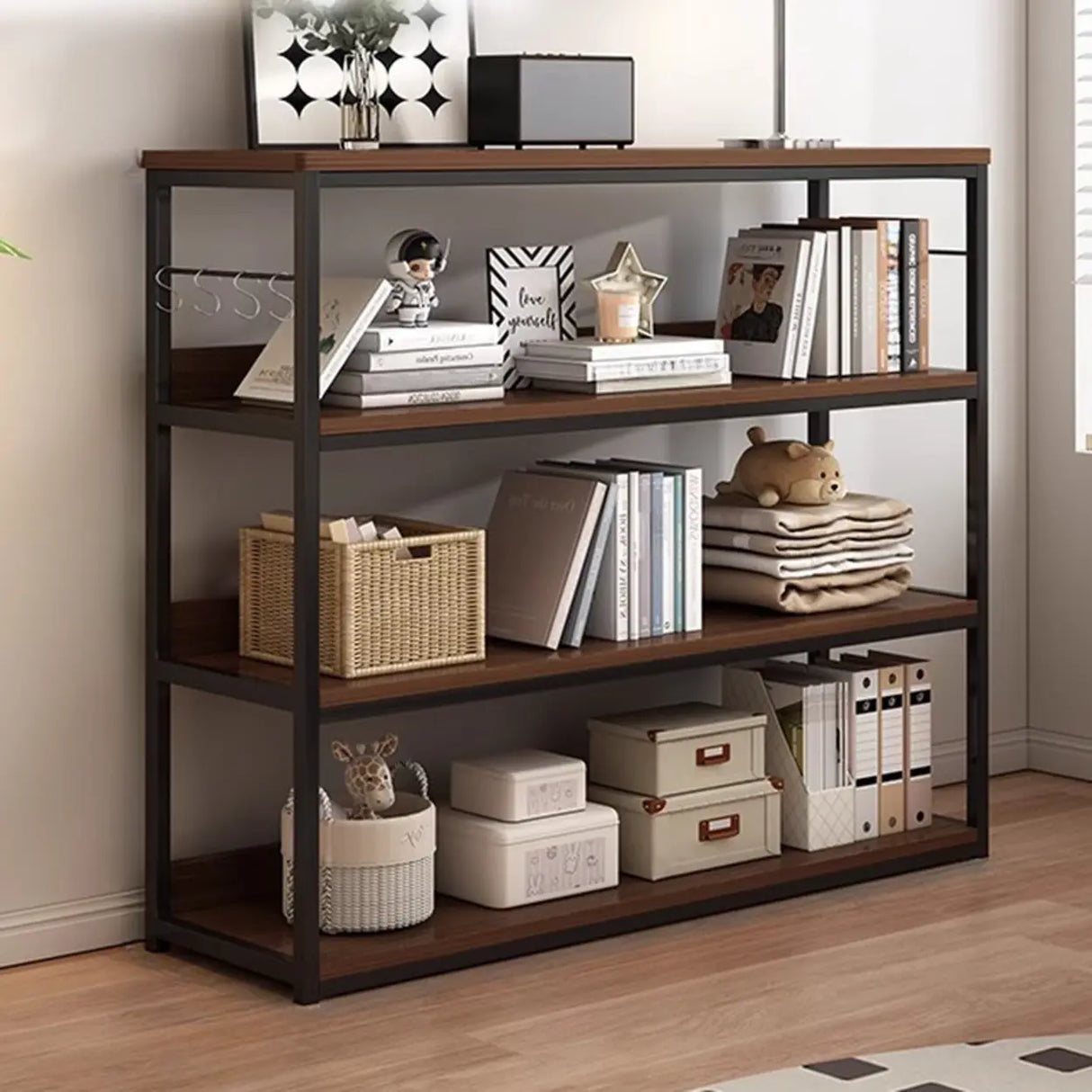 Brown Wooden Rectangle Open Metal Frame Wide Bookcase Image - 19