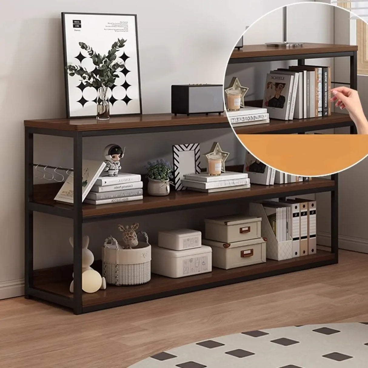 Brown Wooden Rectangle Open Metal Frame Wide Bookcase Image - 2