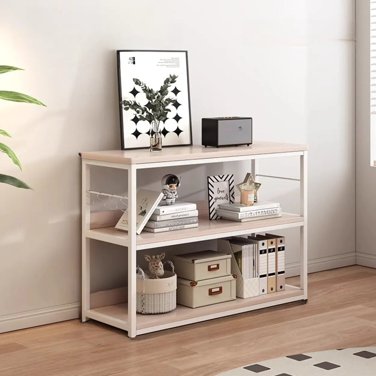 Brown Wooden Rectangle Open Metal Frame Wide Bookcase Image - 20