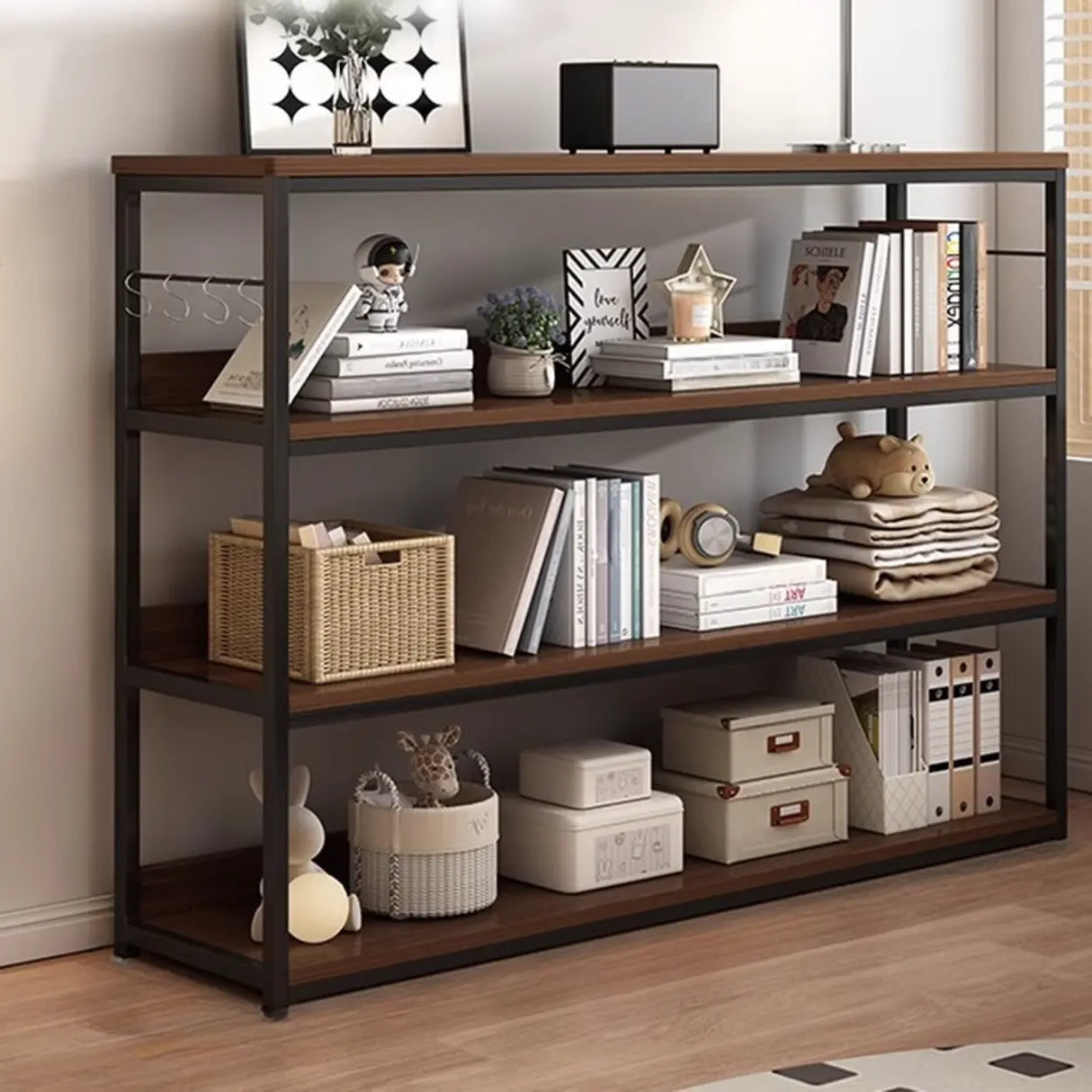 Brown Wooden Rectangle Open Metal Frame Wide Bookcase Image - 21