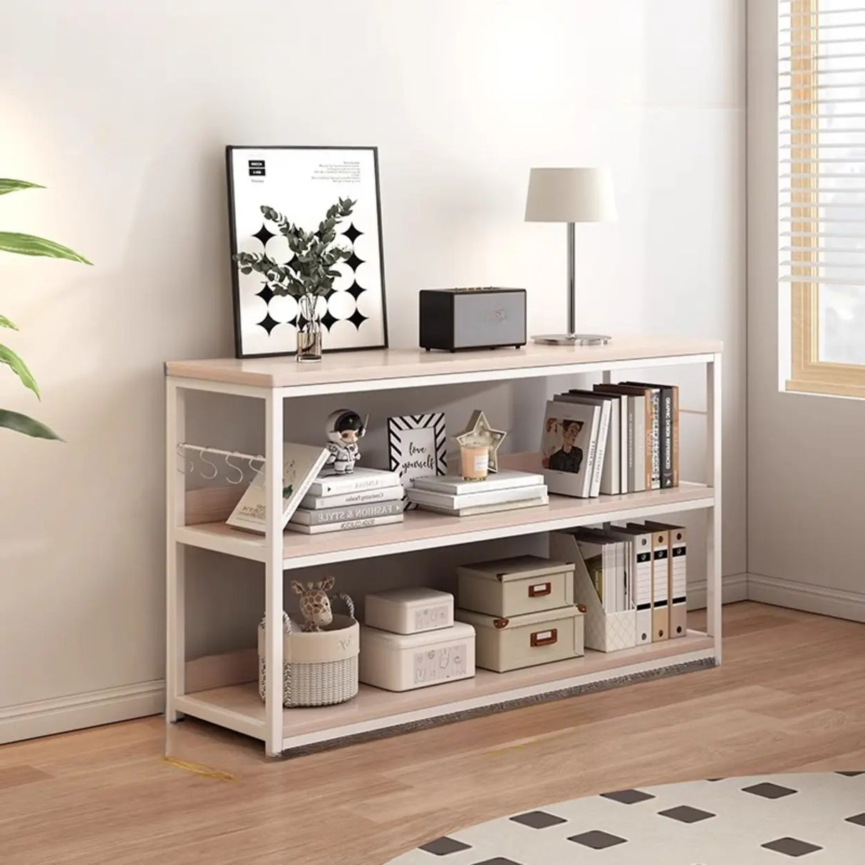 Brown Wooden Rectangle Open Metal Frame Wide Bookcase Image - 22