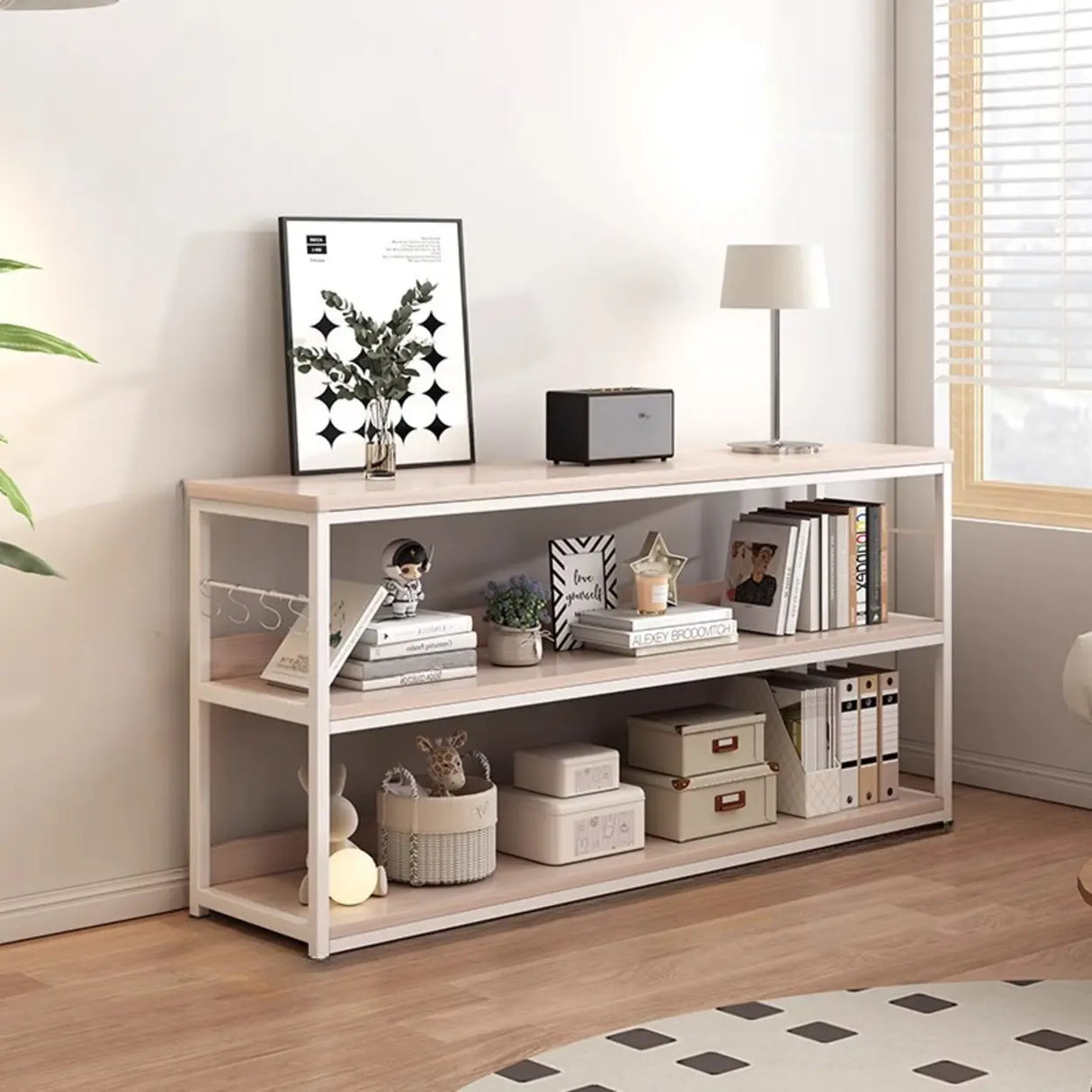 Brown Wooden Rectangle Open Metal Frame Wide Bookcase Image - 23