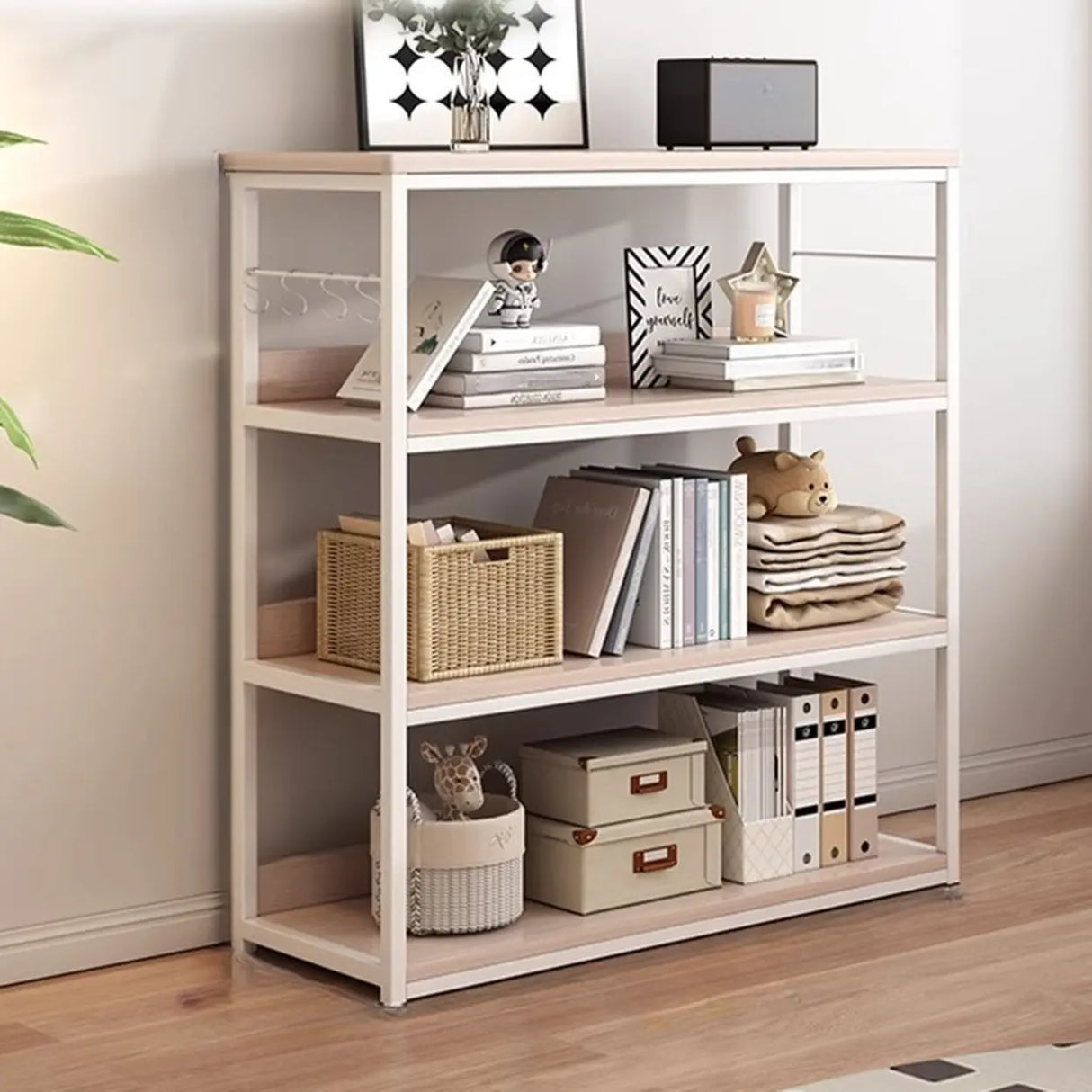 Brown Wooden Rectangle Open Metal Frame Wide Bookcase Image - 24