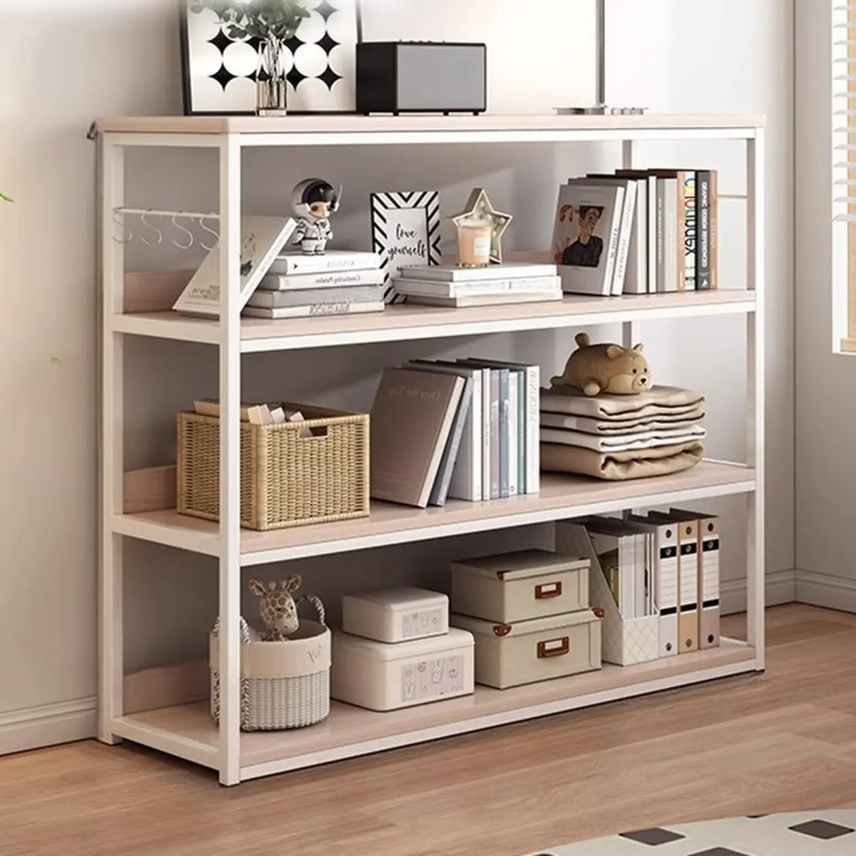 Brown Wooden Rectangle Open Metal Frame Wide Bookcase Image - 25