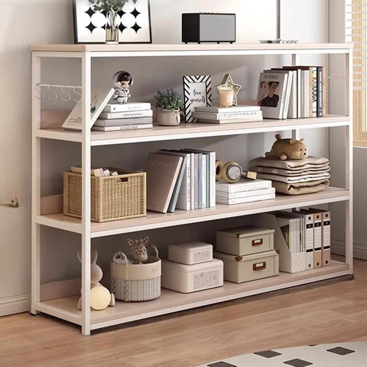 Brown Wooden Rectangle Open Metal Frame Wide Bookcase Image - 26