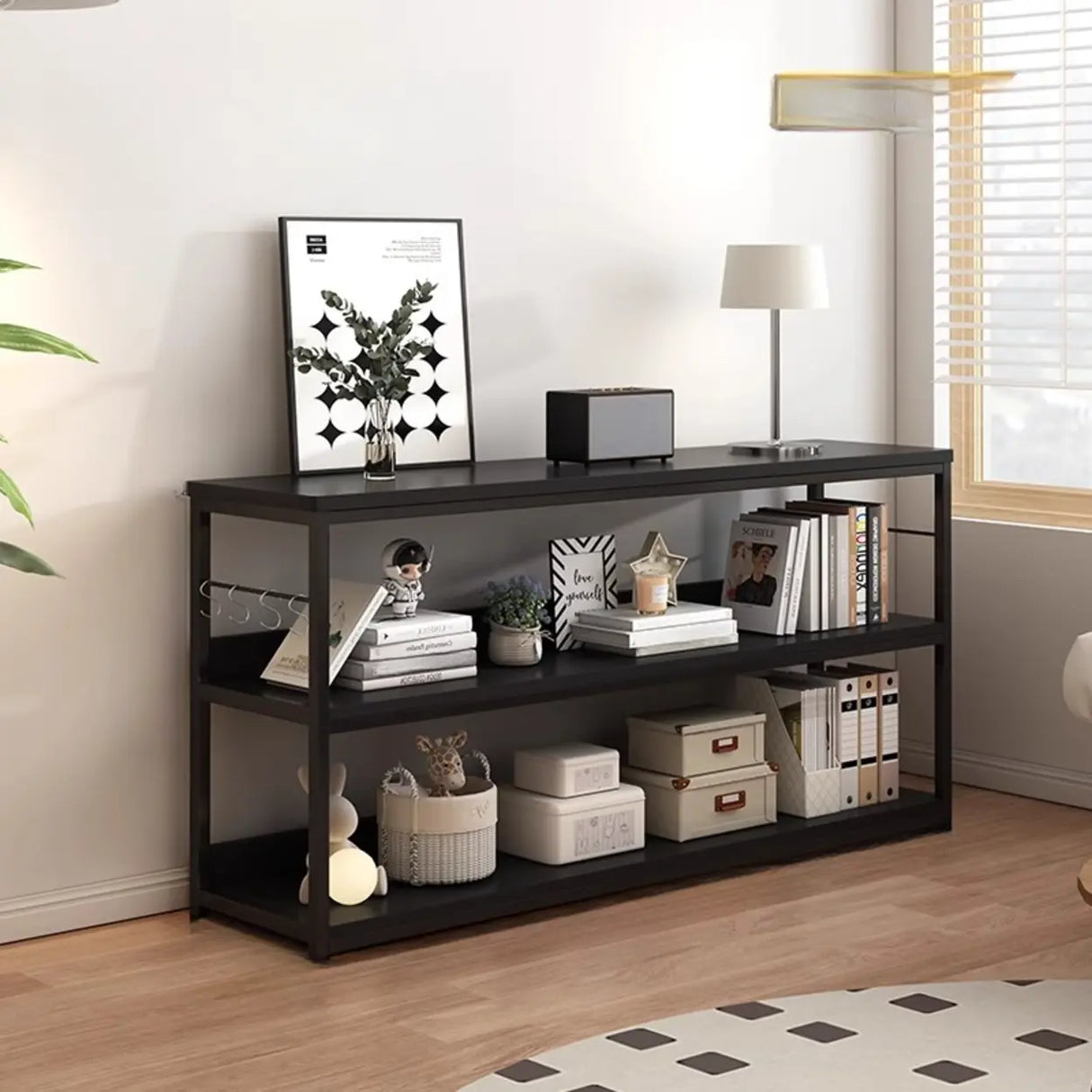 Brown Wooden Rectangle Open Metal Frame Wide Bookcase Image - 27
