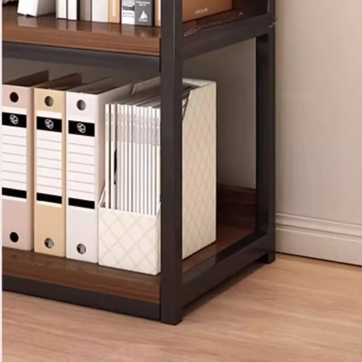 Brown Wooden Rectangle Open Metal Frame Wide Bookcase Image - 6