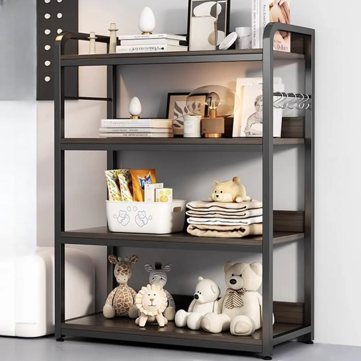 Brown Wooden Rectangle Open Metal Frame Wide Bookcase Image - 8